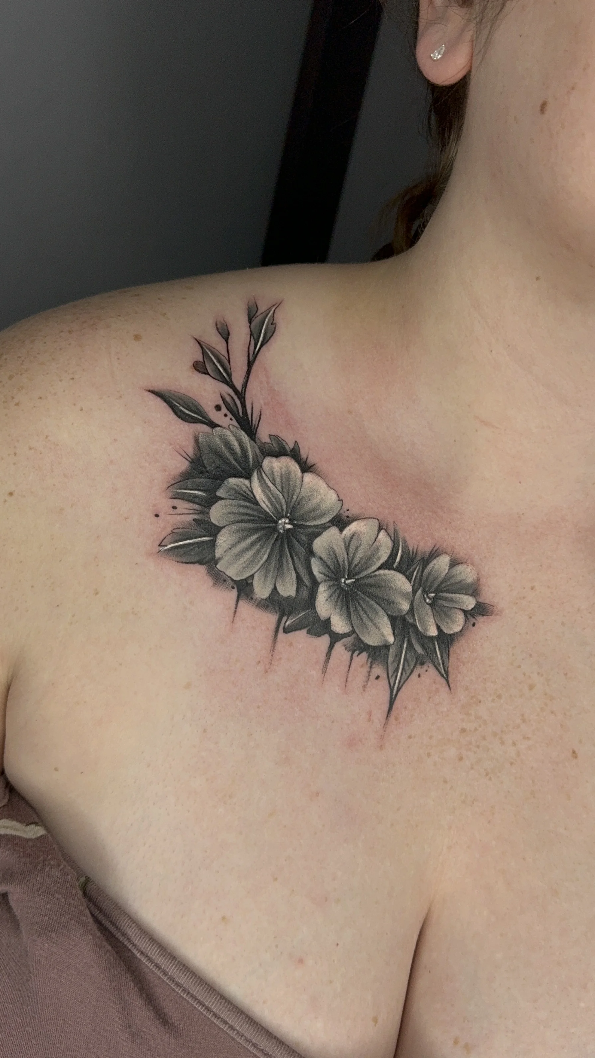Black & Gray Realism tattoo by Joshua Gallant: flower, leaf, floral, nature