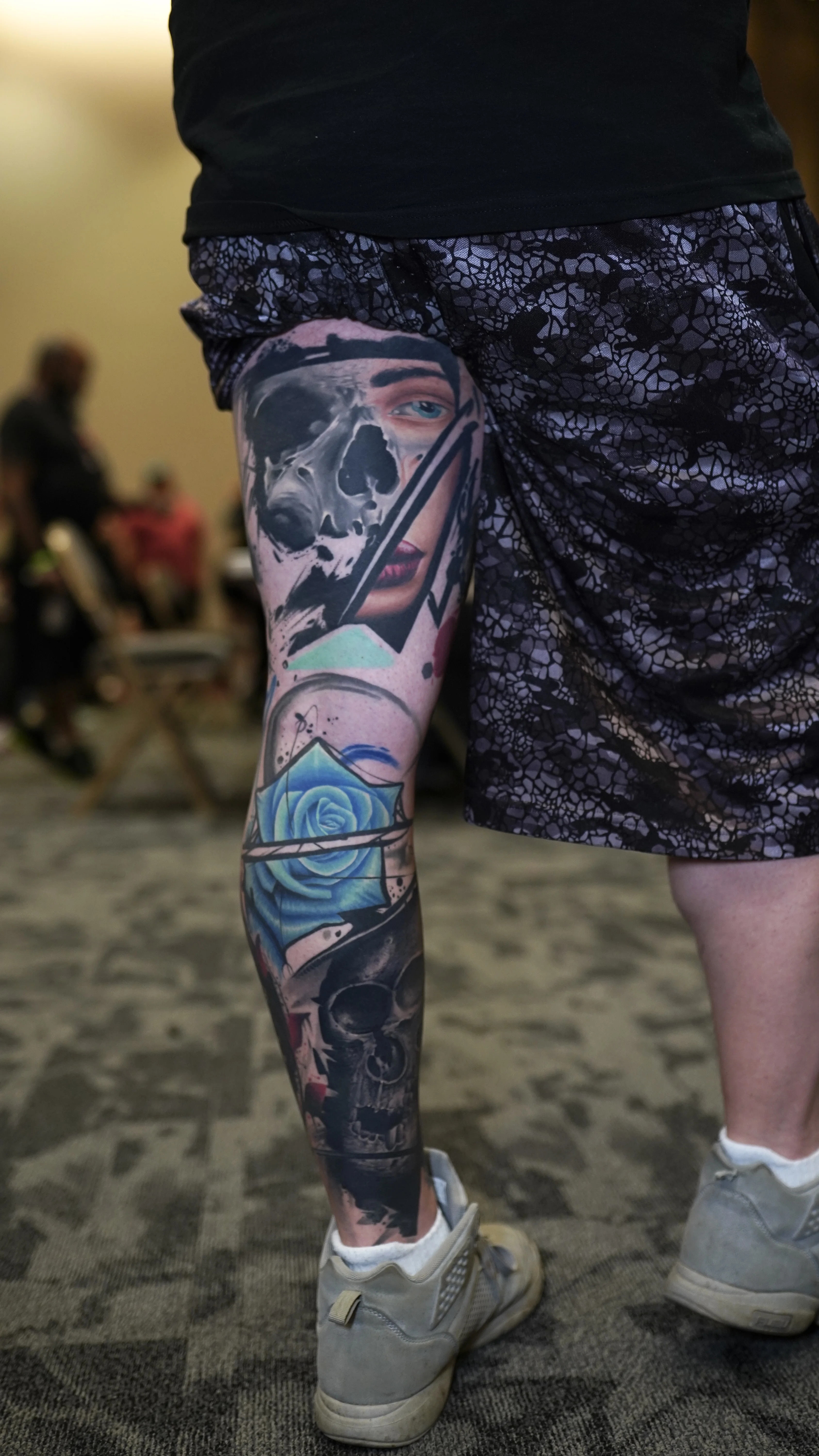 Skull And Woman Full Leg Sleeve: skull, woman, blue rose, clock, dark, realism