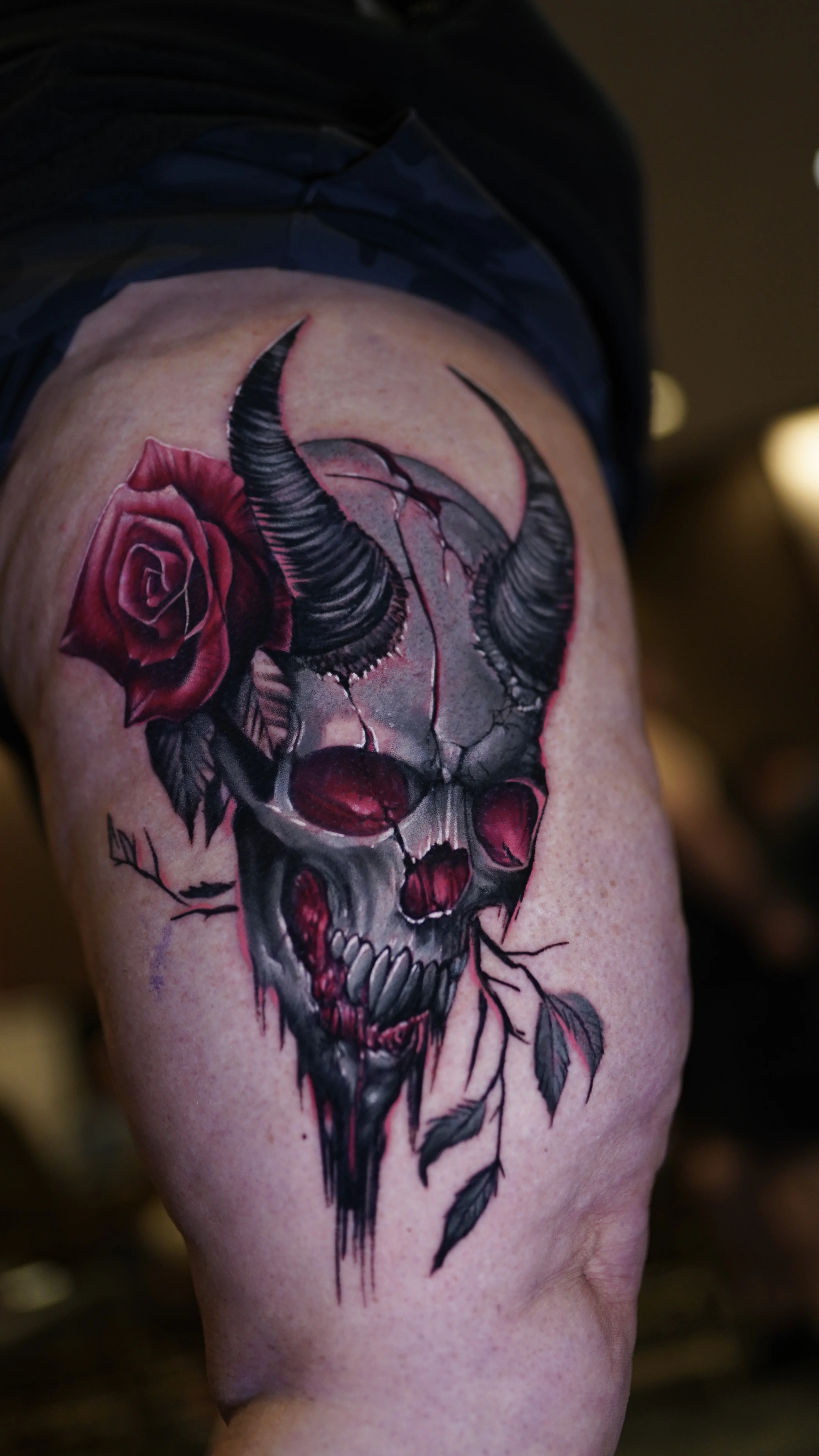 Horned Skull With Rose: skull, horns, rose, branch, leaves, dark