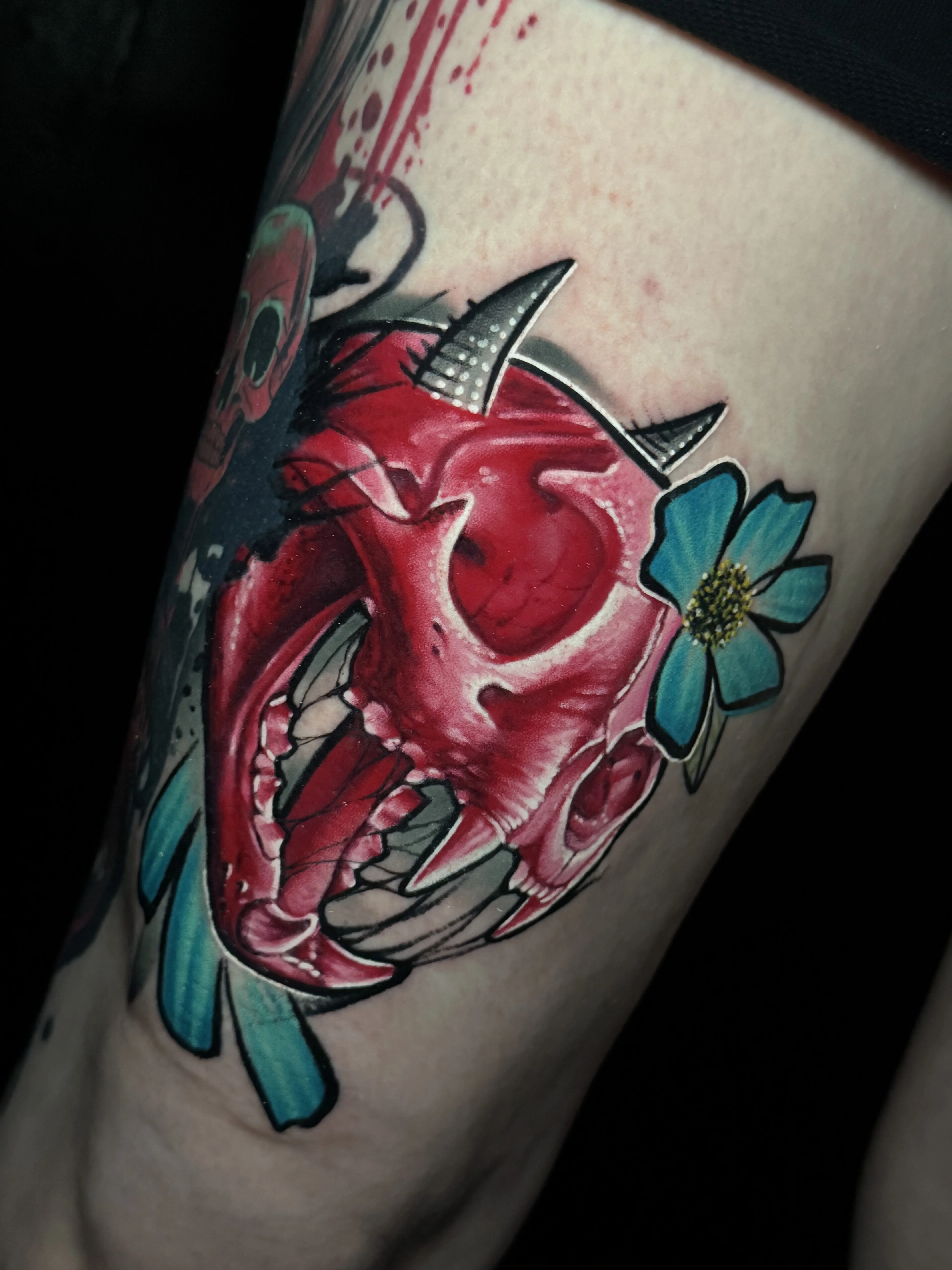 Red Skull with Horns and Flower: animal skull, horns, flower, animal, nature, dark