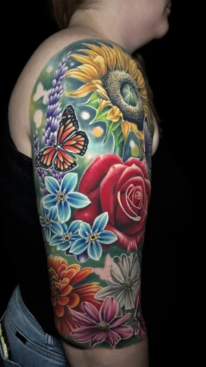 Vibrant Floral Half Sleeve With Butterfly