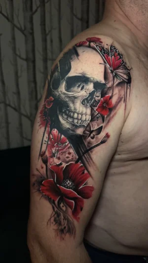 Skull and Red Poppies Half Sleeve