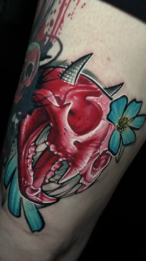 Red Skull with Horns and Flower