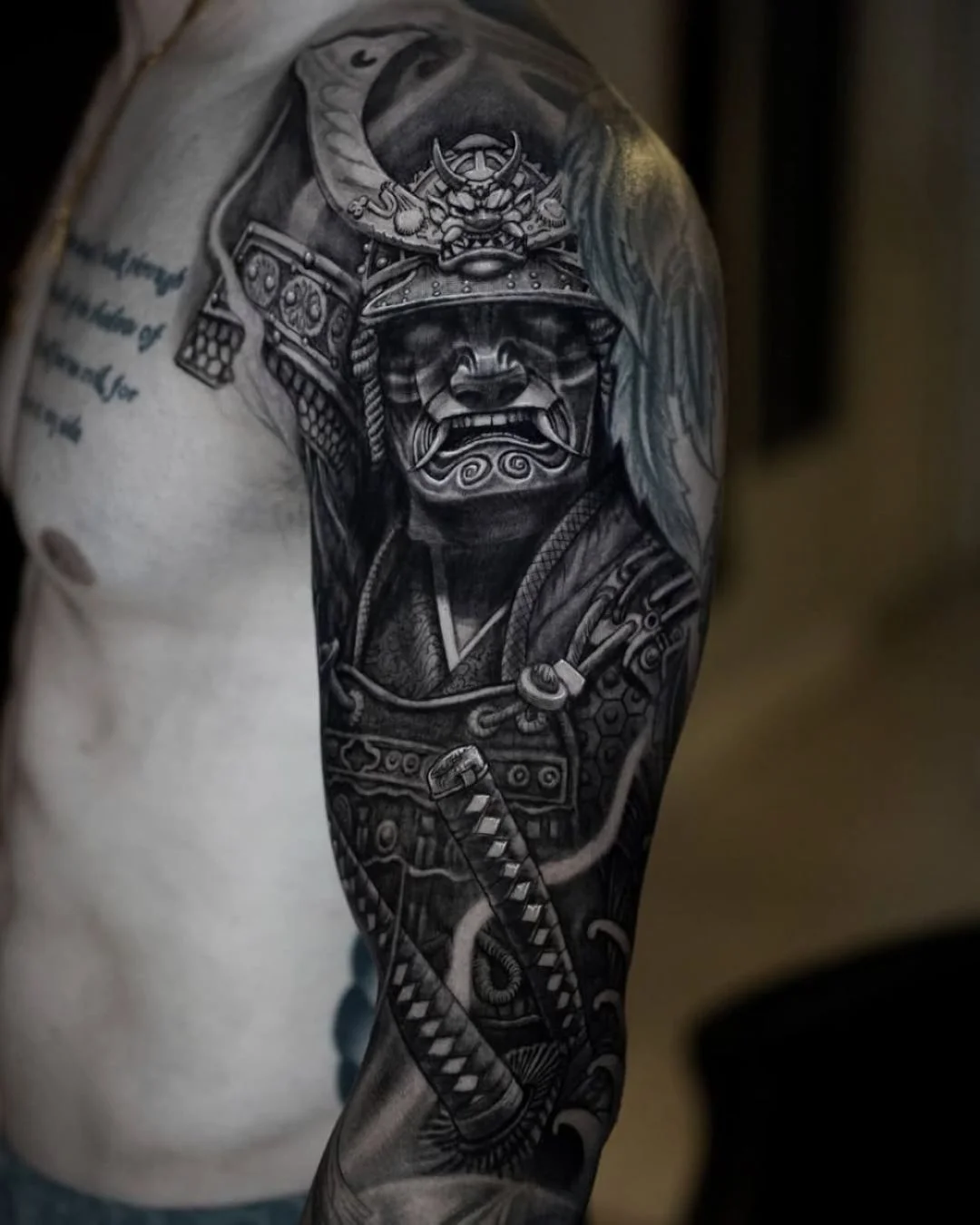 Black & Gray Realism tattoo by Stefano Alcantara: samurai, armor, helmet, katana