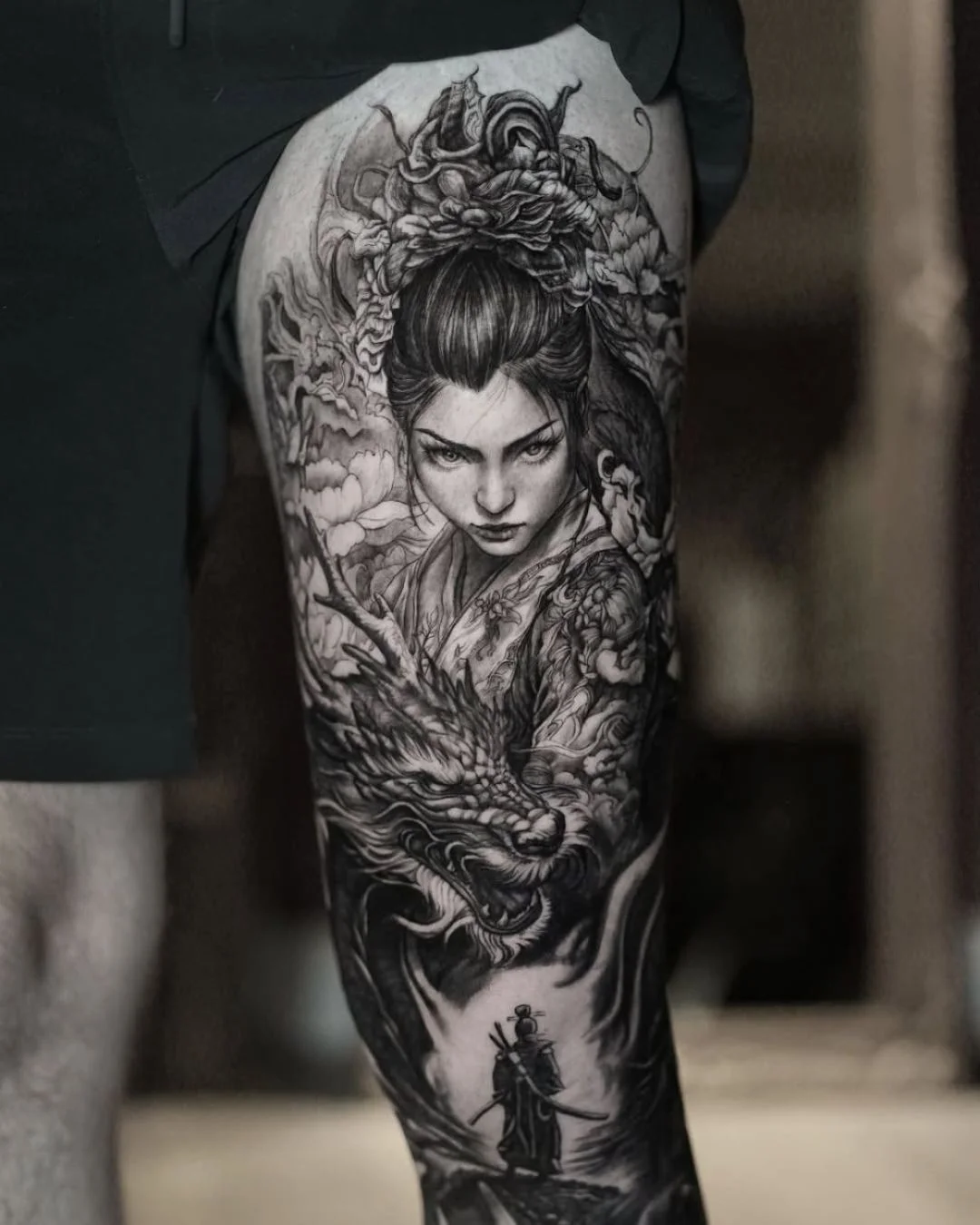 Black & Gray Realism tattoo by Stefano Alcantara: woman, dragon, samurai, flowers