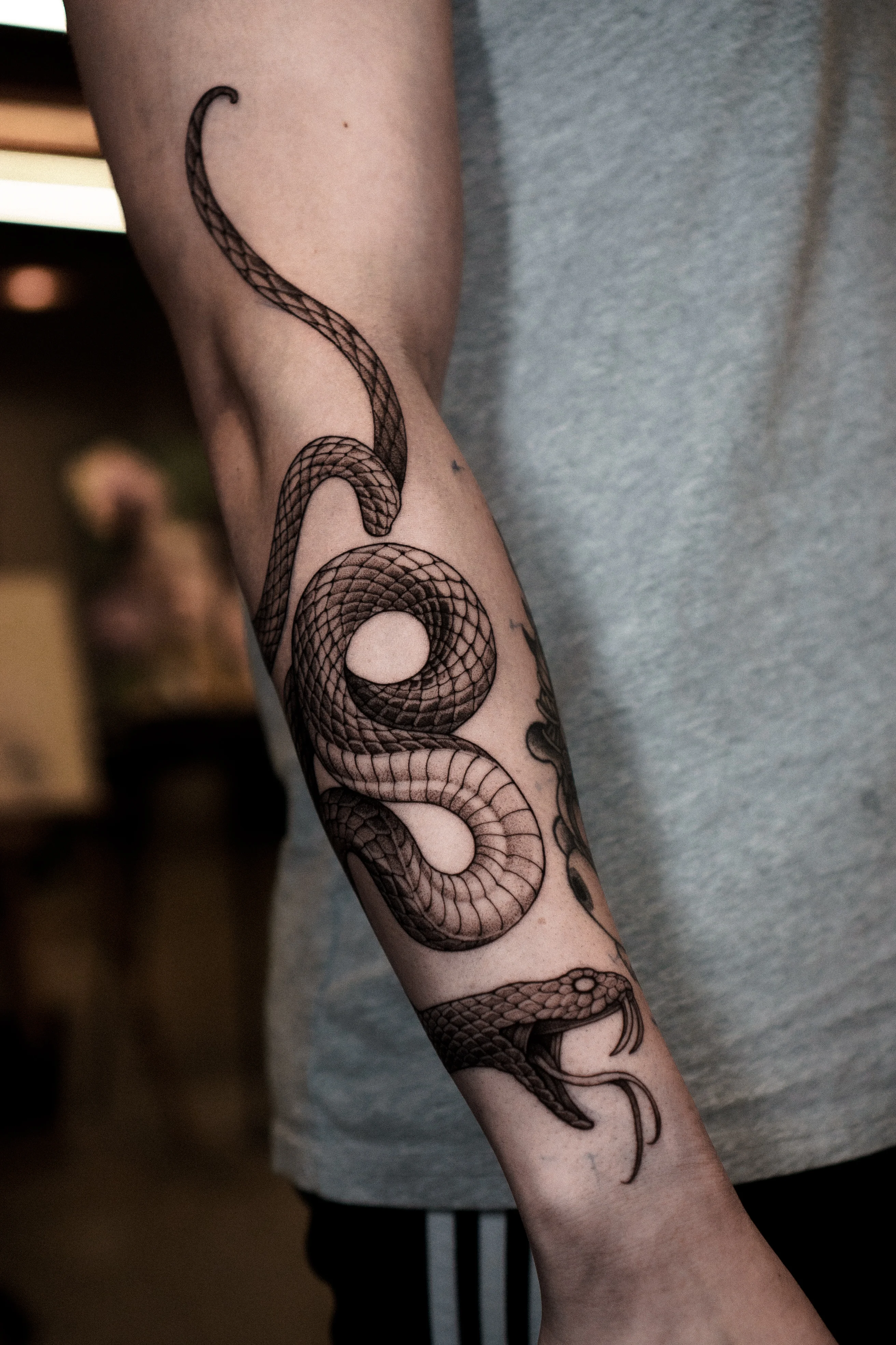 Blackwork tattoo by Olga Leonova: snake, snake head, tongue, animal