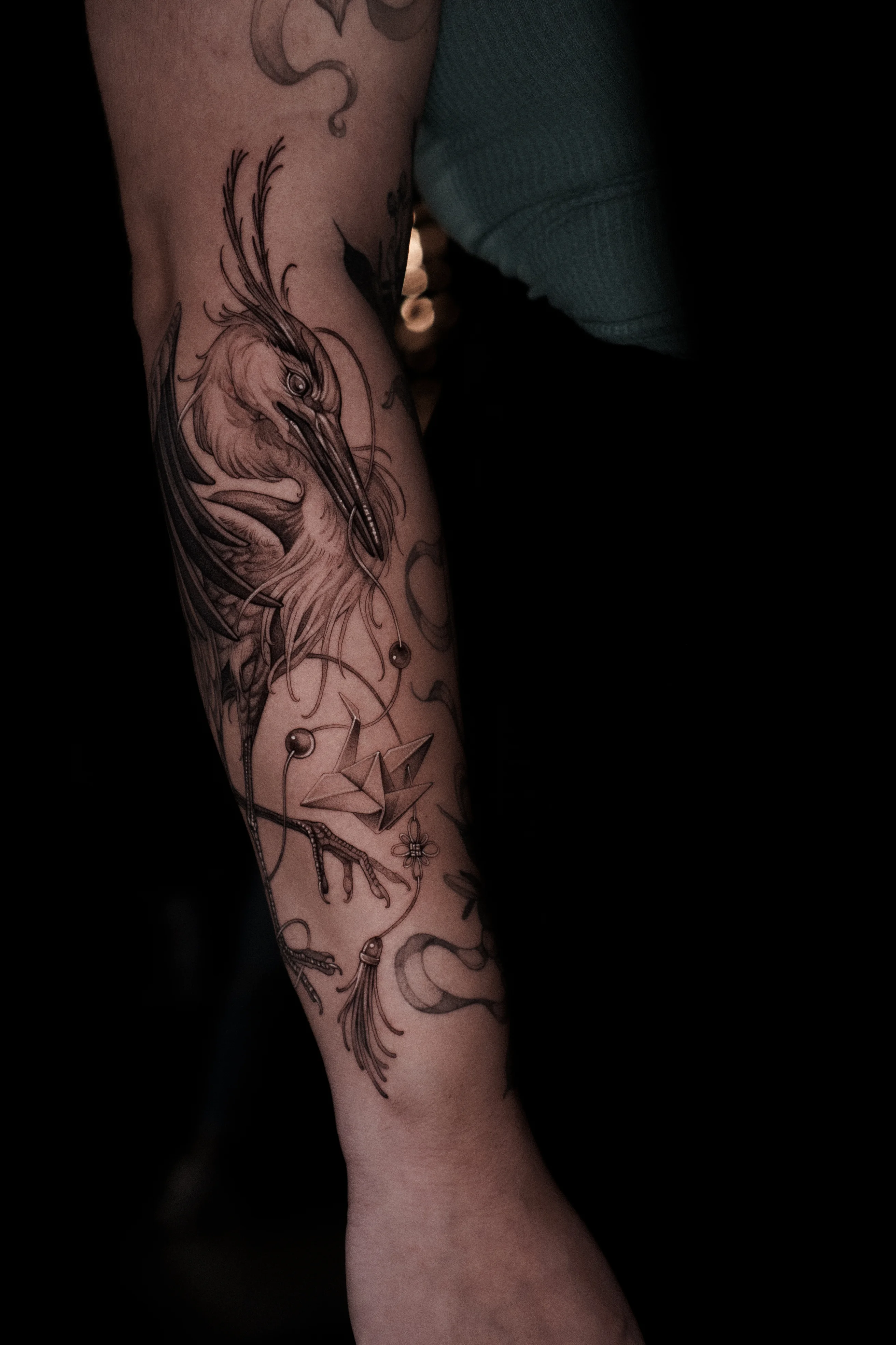 Bird and Origami Crane Forearm: bird, origami paper crane, feathers, beads, nature, animal