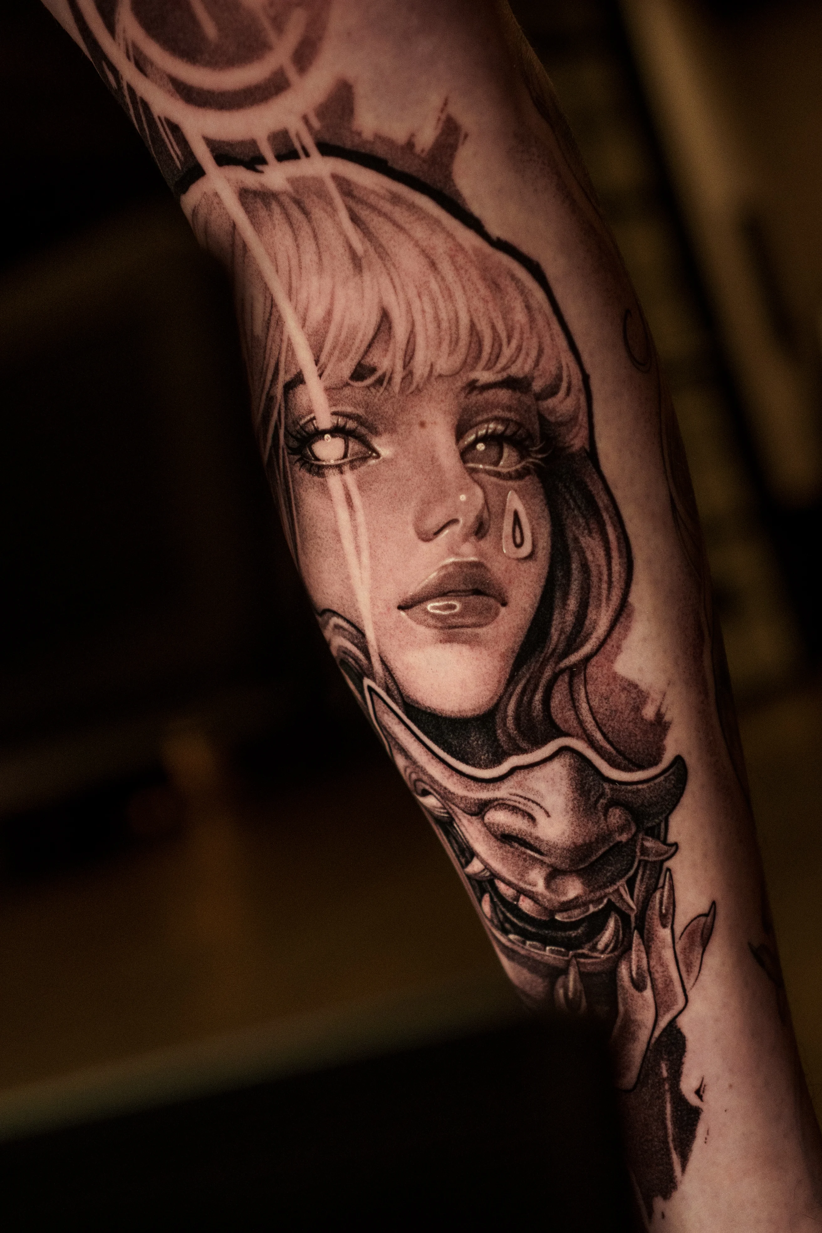 Black & Gray Realism tattoo by Olga Leonova: woman, face, tear, mask
