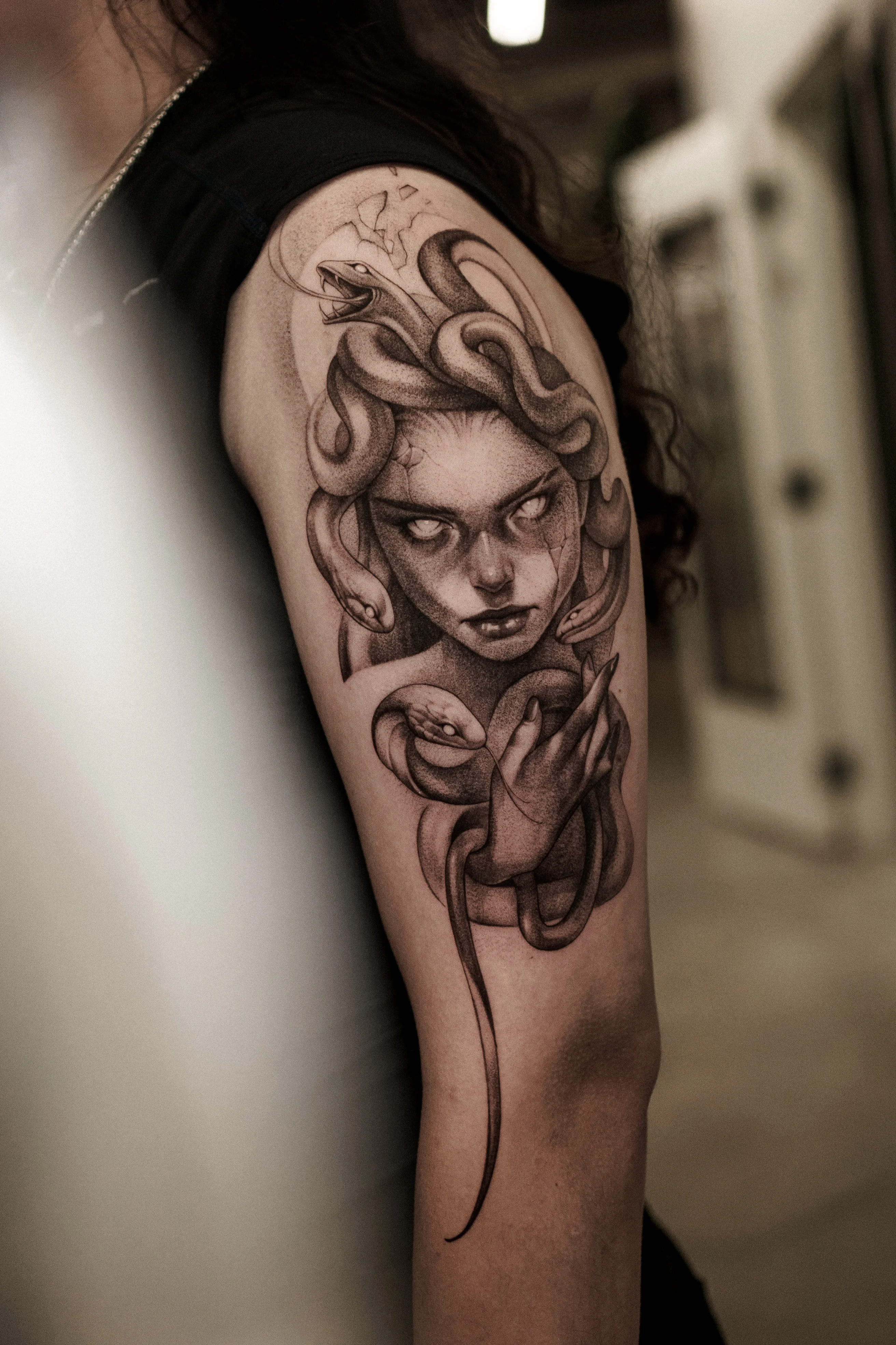 Black & Gray Realism tattoo by Olga Leonova: woman, snakes, hand, face