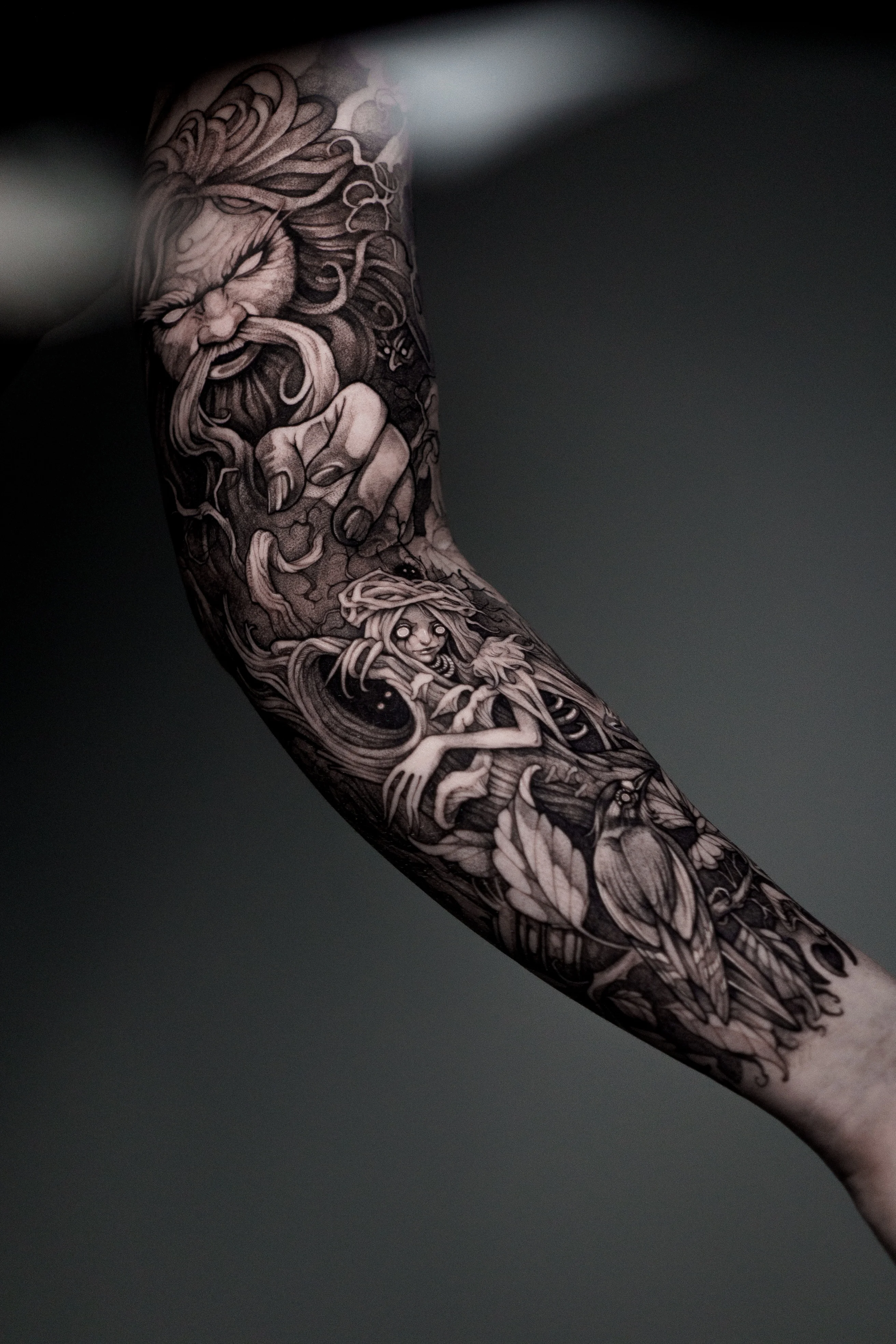 Black & Gray Realism tattoo by Olga Leonova: old man, hand, woman, bird