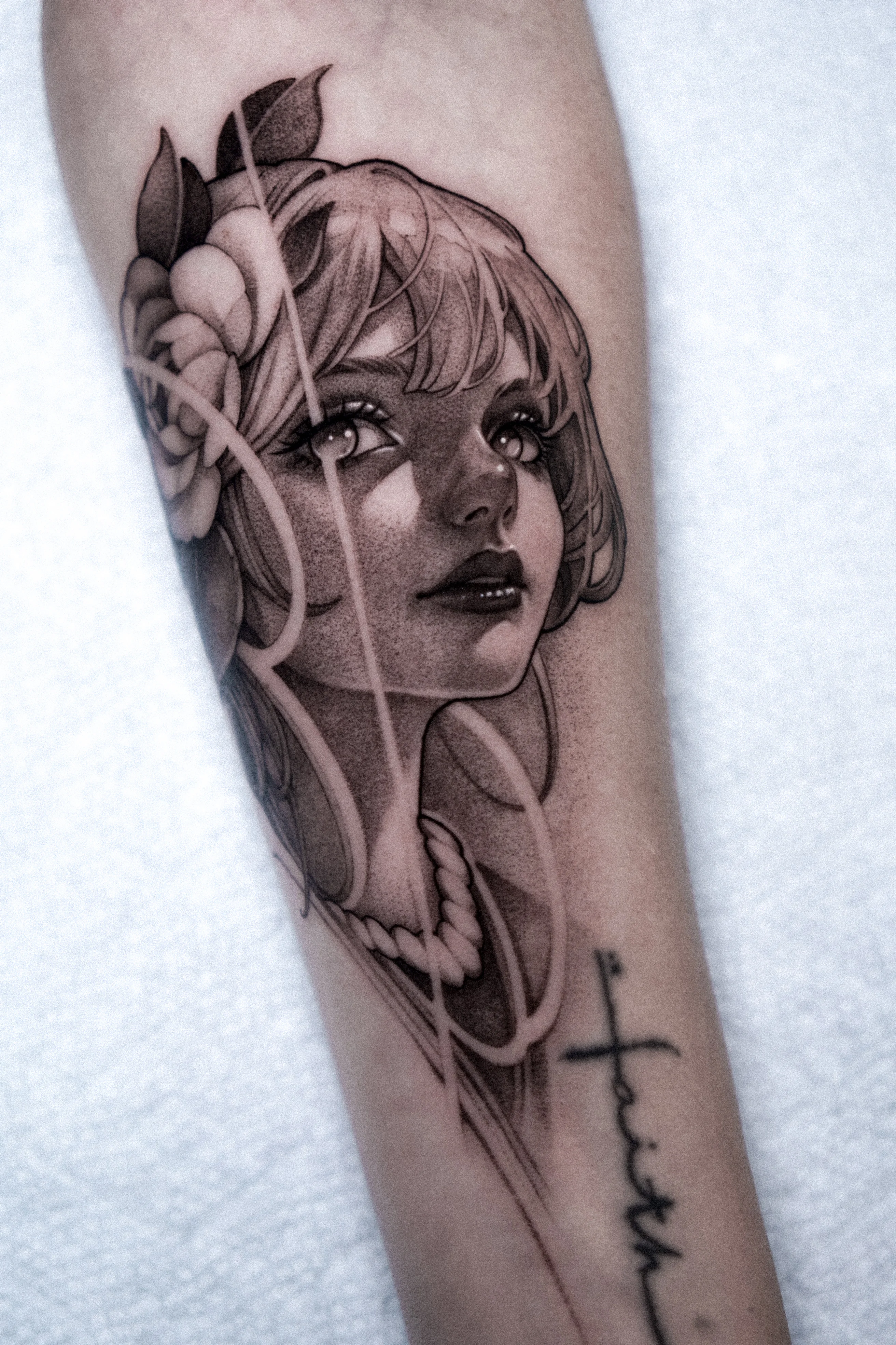 Black & Gray Realism tattoo by Olga Leonova: woman, flower, necklace, portrait