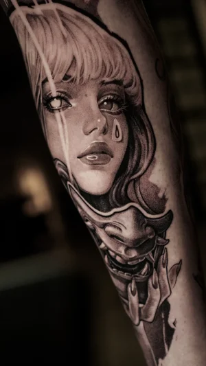 Surreal Woman and Demon Mask Forearm