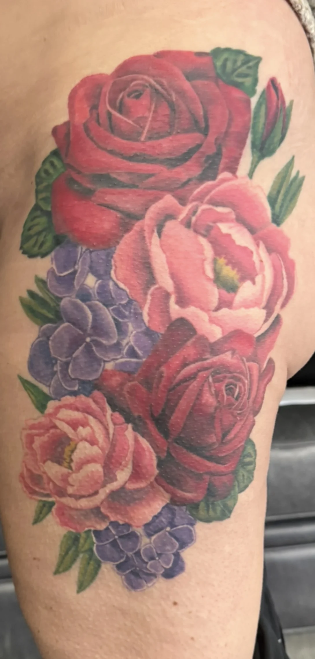 Color Realism tattoo by Crystal Alexandria: rose, peony, hydrangea, leaves