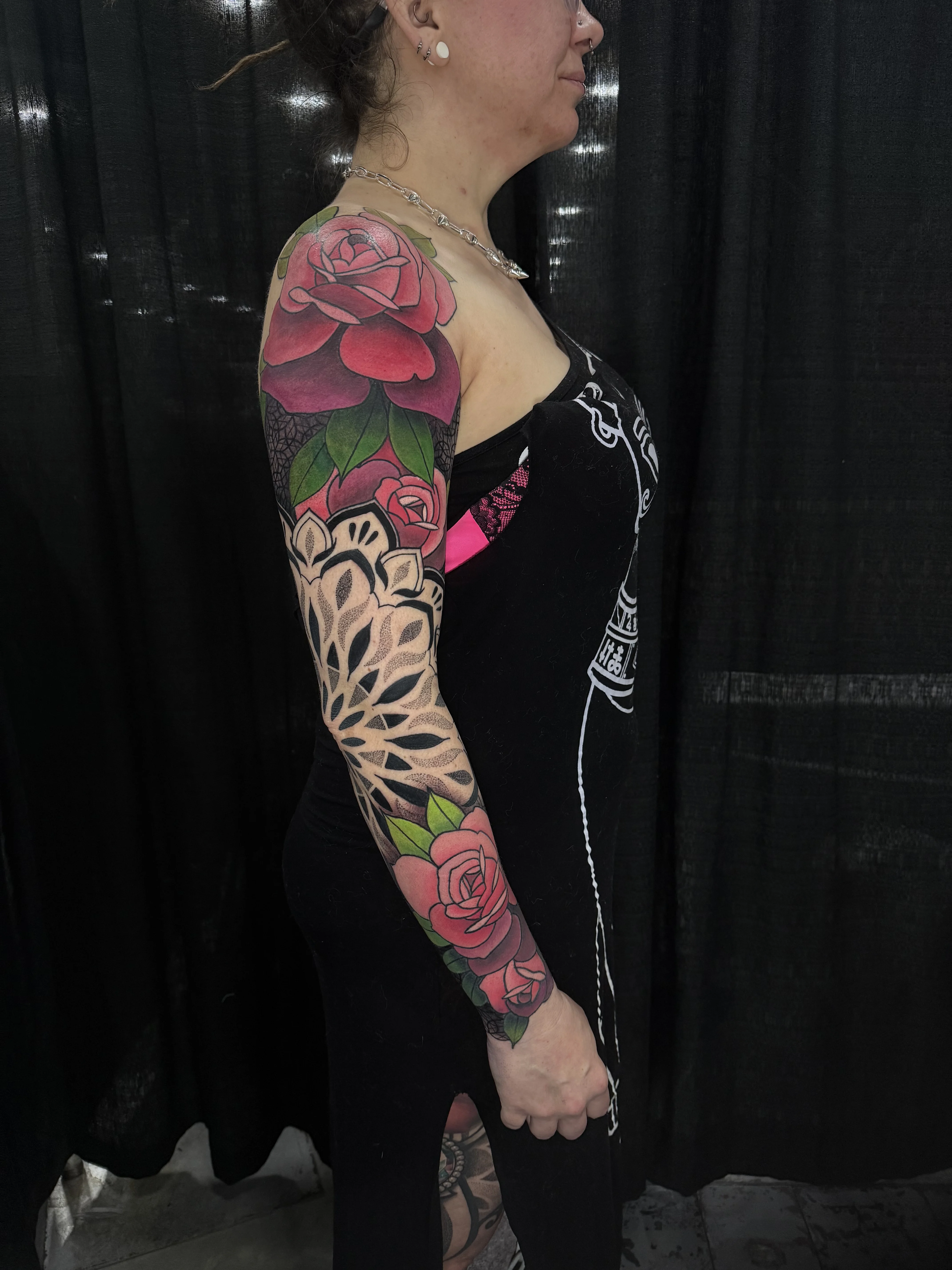 Neo-Traditional tattoo by Crystal Alexandria: rose, leaves, mandala, floral