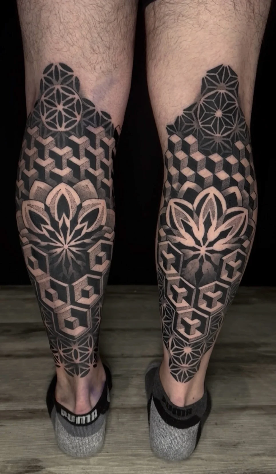 Geometric tattoo by Crystal Alexandria: geometric patterns, hexagons, 3d cubes, mandala