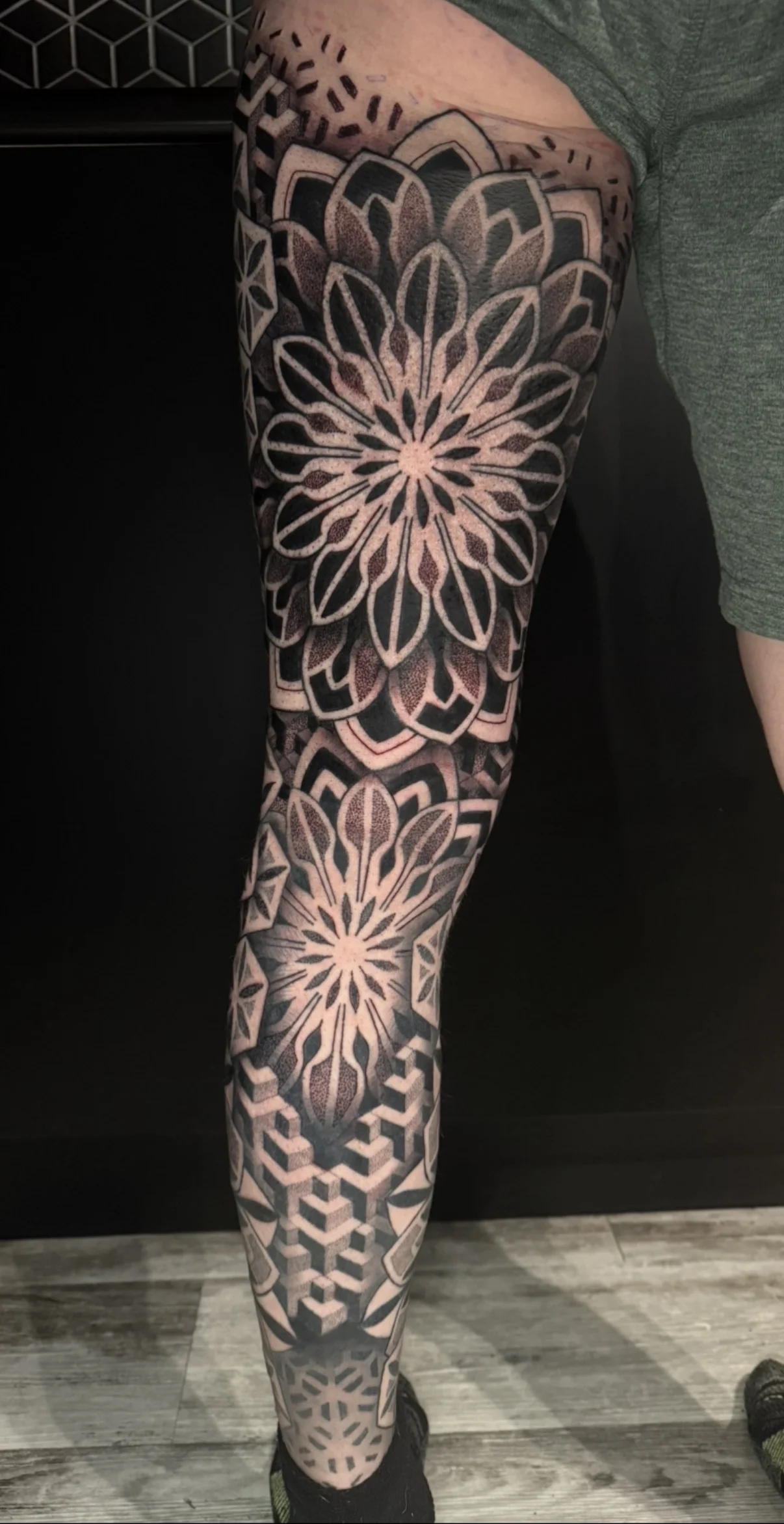 Geometric tattoo by Crystal Alexandria: mandala, geometric pattern, hexagon, flower