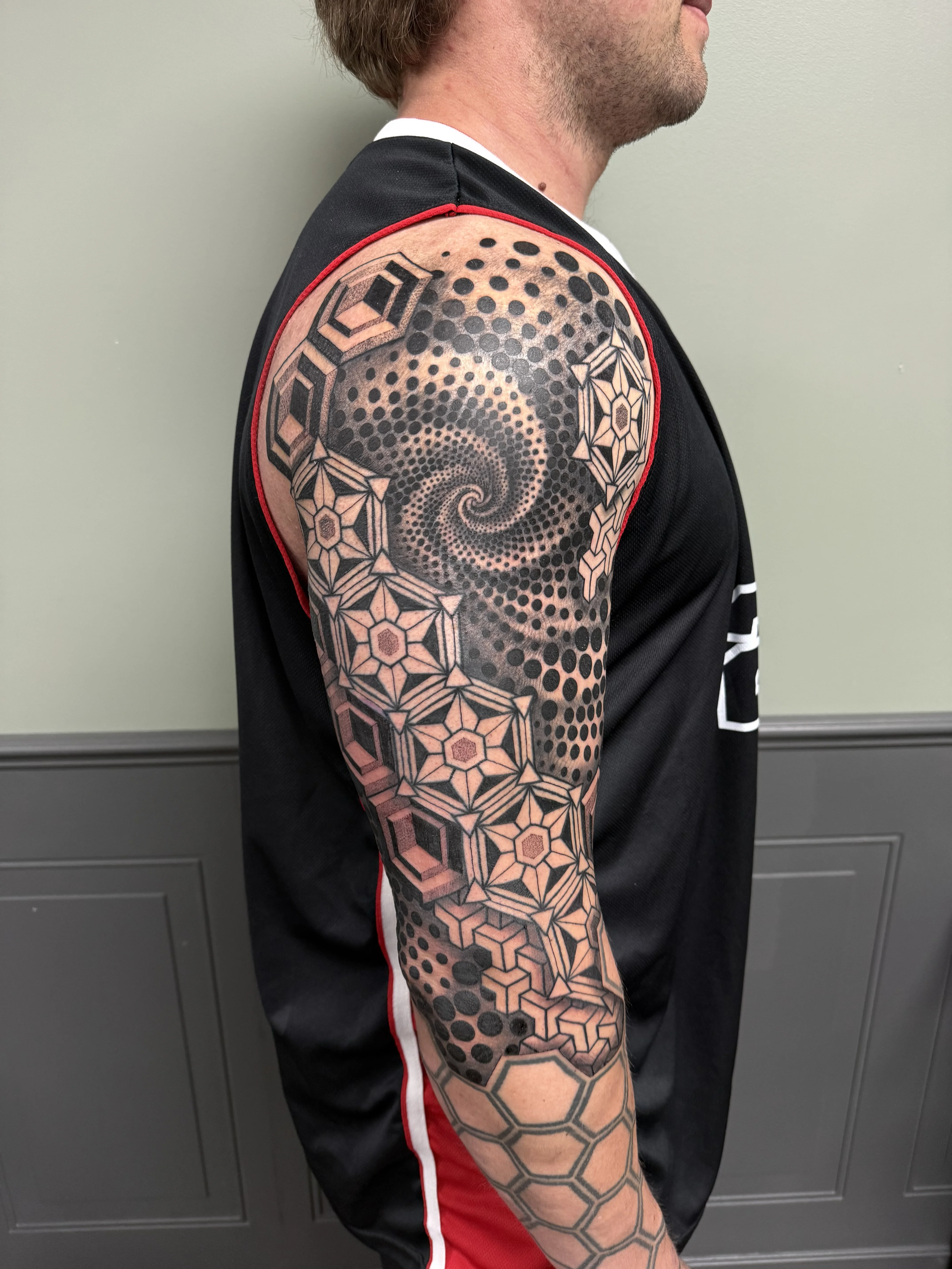 Geometric Spiral Full Sleeve: spiral, hexagons, dots, 3d cubes, flowers, abstract
