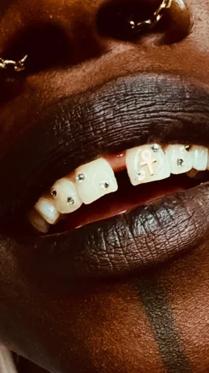 Ankh Symbol Rhinestone Teeth Detail