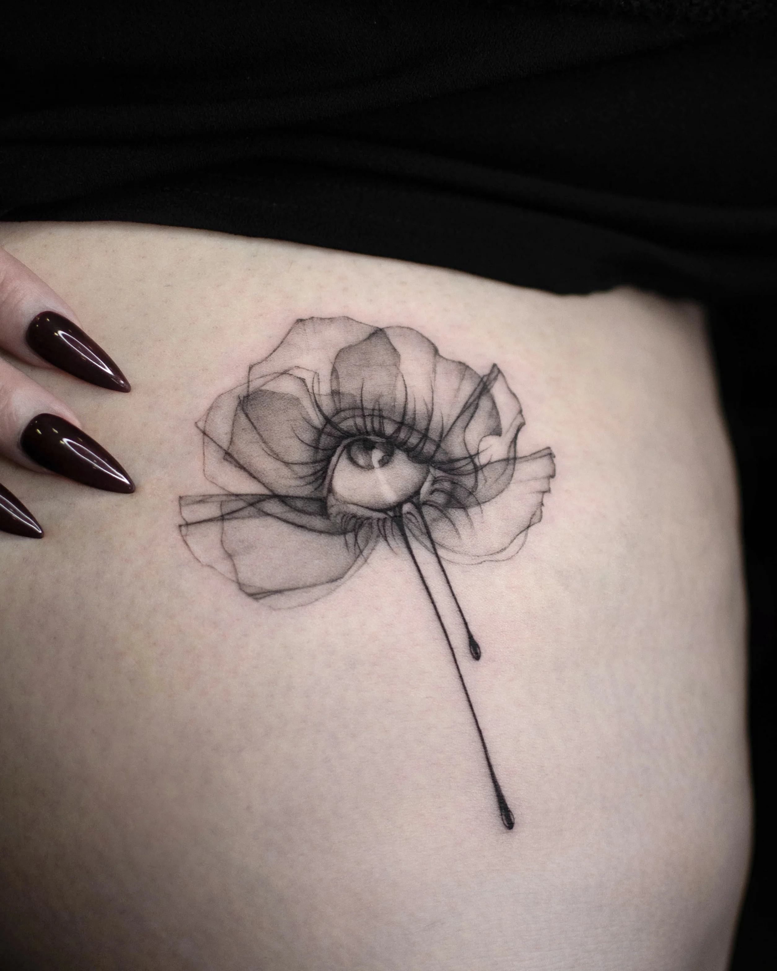 Fine Line tattoo by Vira.Ink: flower, eye, stem, floral