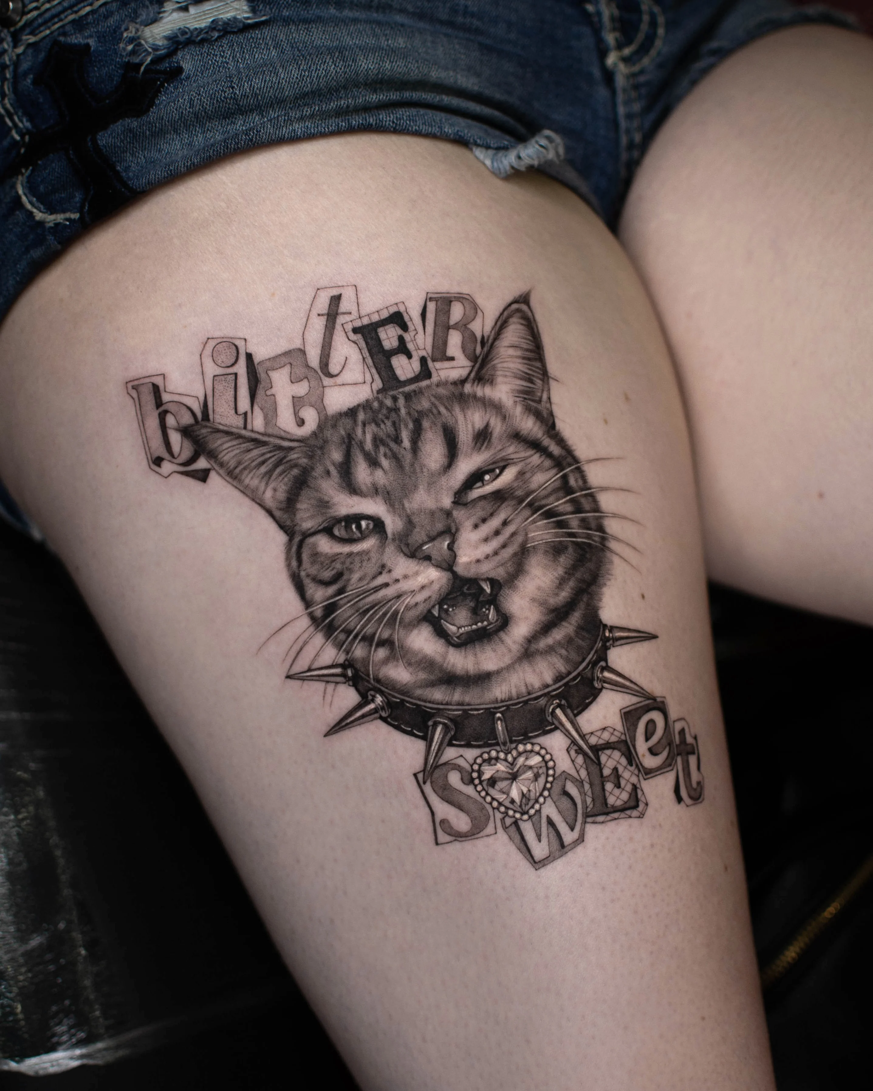 Black & Gray Realism tattoo by Vira.Ink: cat, spiked collar, animal, nature