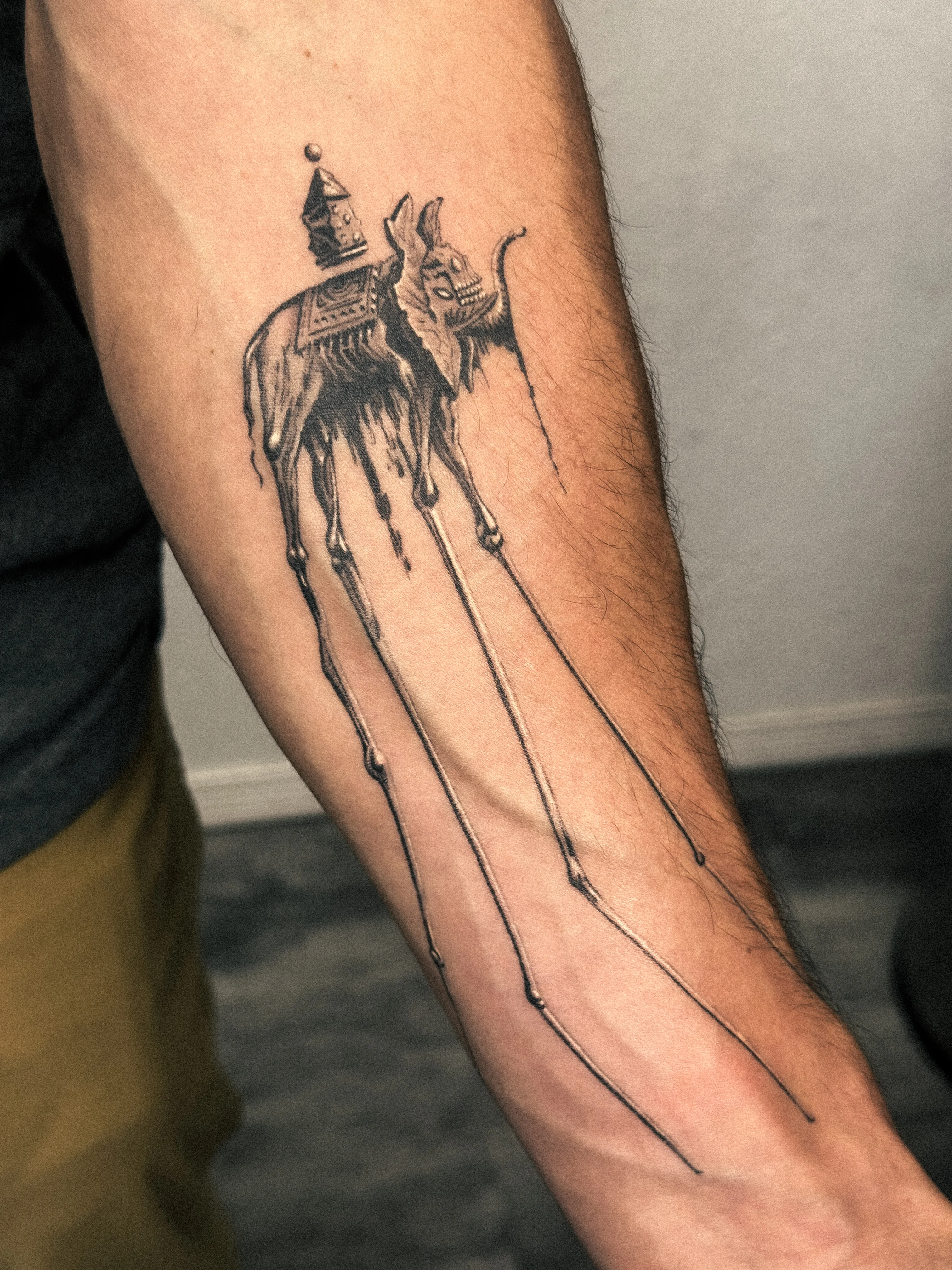 Surreal Dalí Elephant with Long Legs: elephant, tower, long legs, surrealism, animal, dark