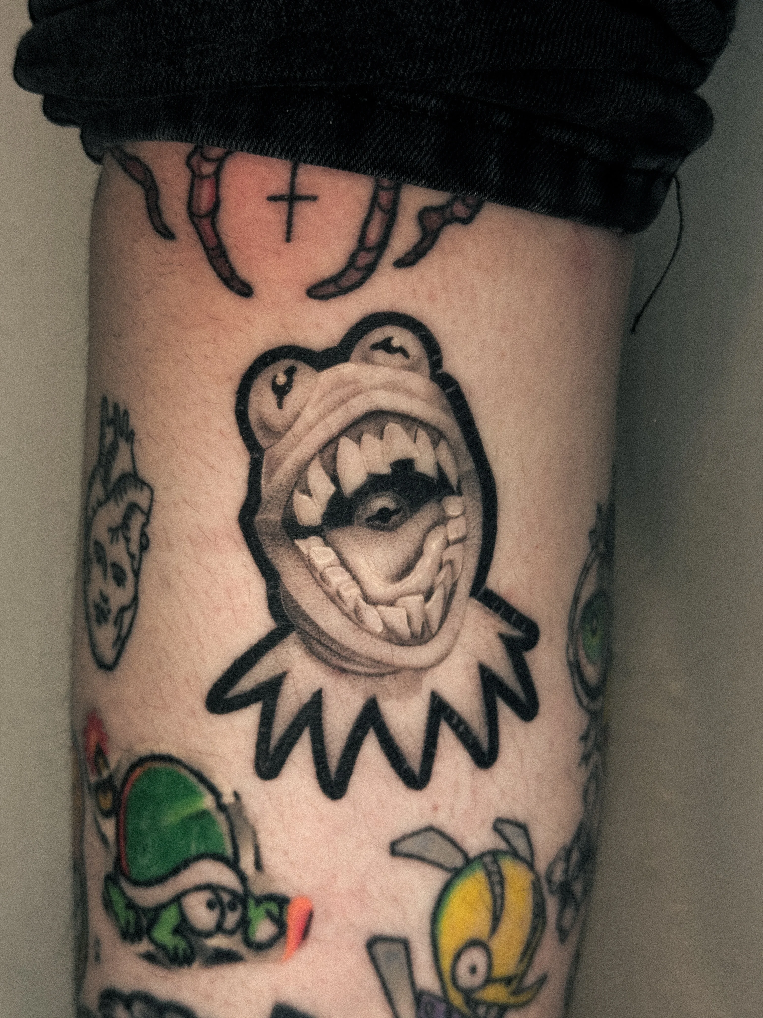 New School tattoo by Shifu Blue: frog, mouth, teeth, tongue