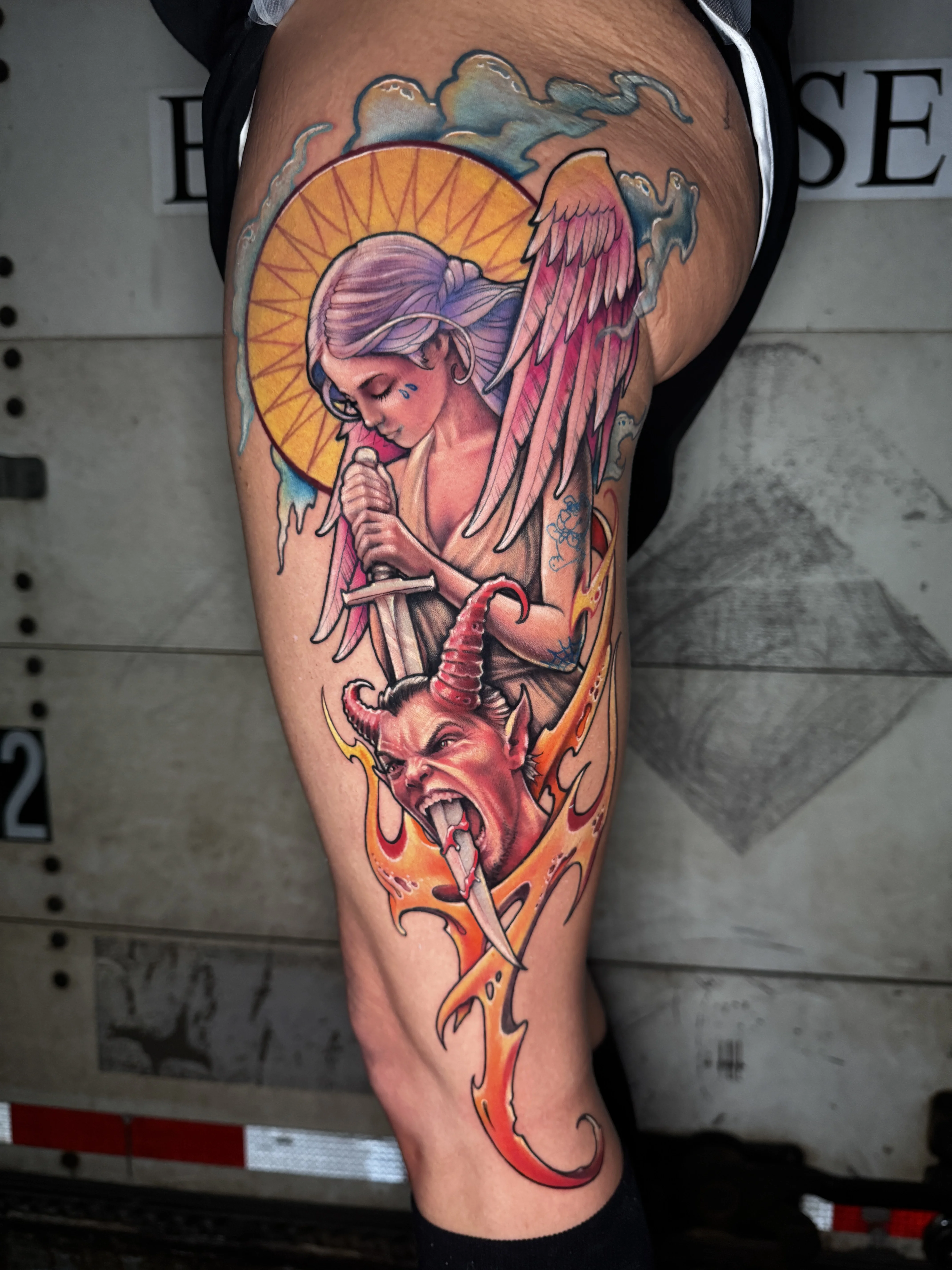 Neo-Traditional tattoo by Willard Malebear: angel
