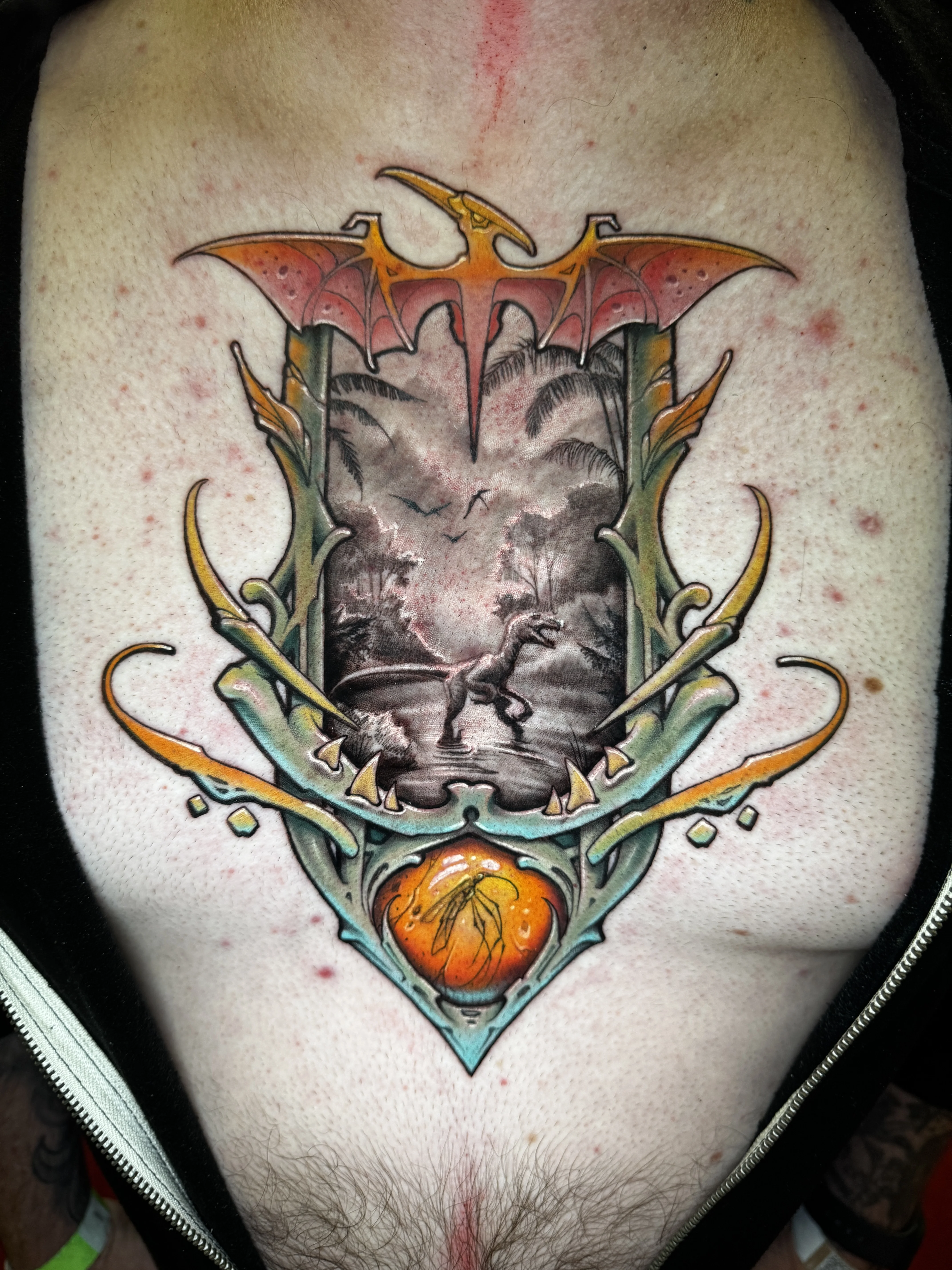 Neo-Traditional tattoo by Willard Malebear: pterodactyl, velociraptor, prehistoric forest, dinosaur egg