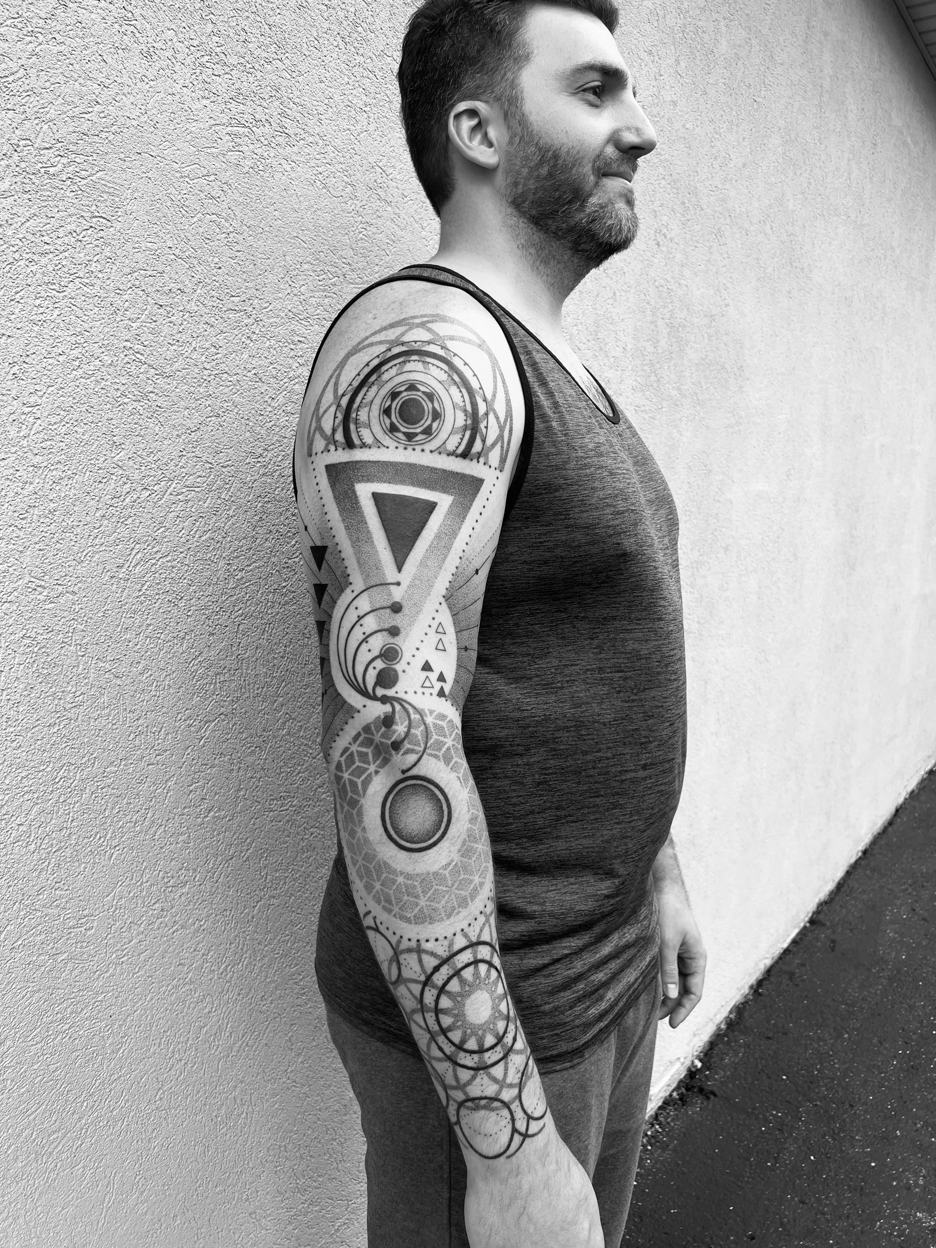 Geometric Full Sleeve with Circles and Triangles: circles, triangles, lines, patterns, dots, shapes
