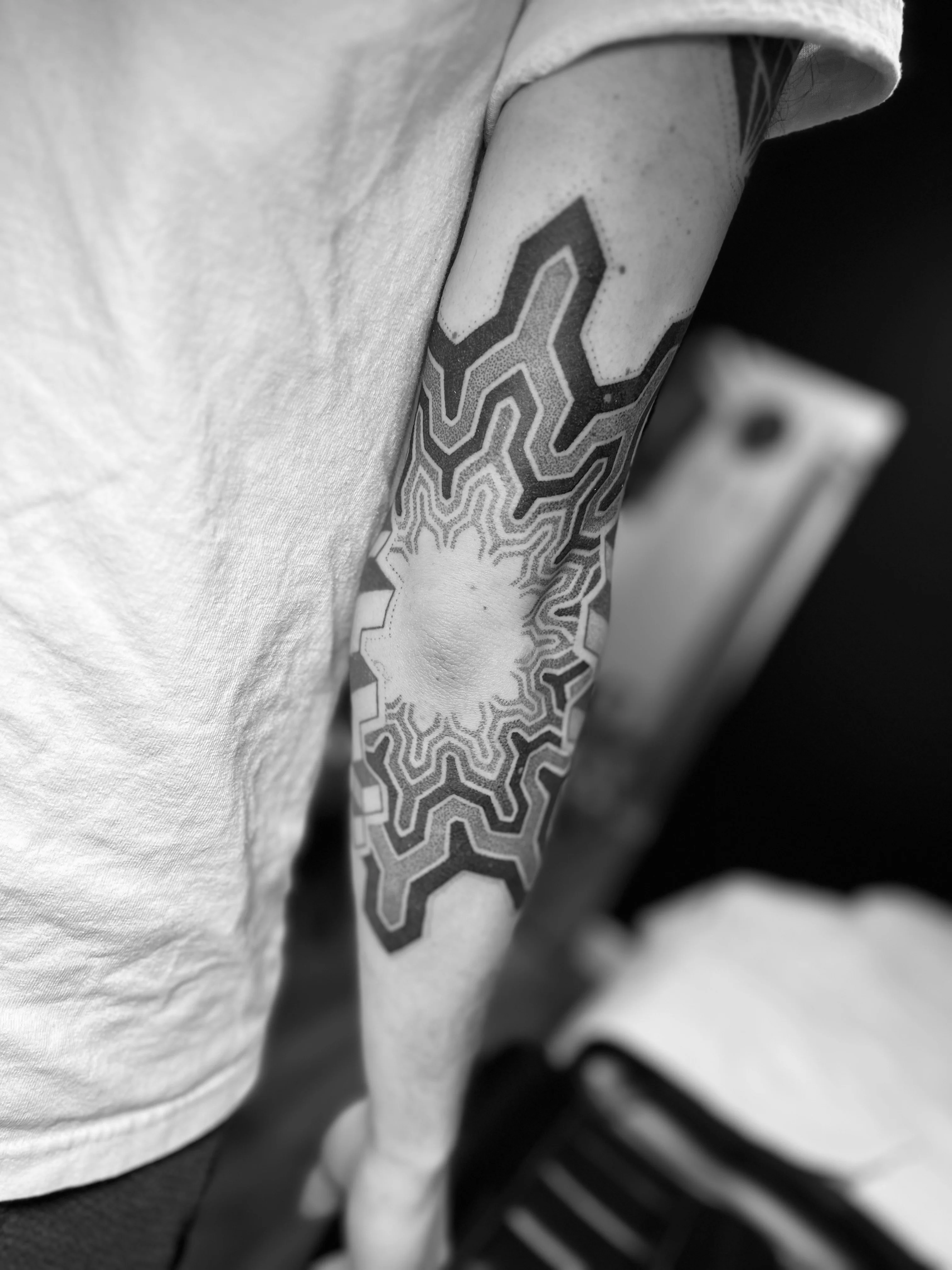 Geometric tattoo by Erin Manning: abstract pattern, symmetrical design, abstract, geometric