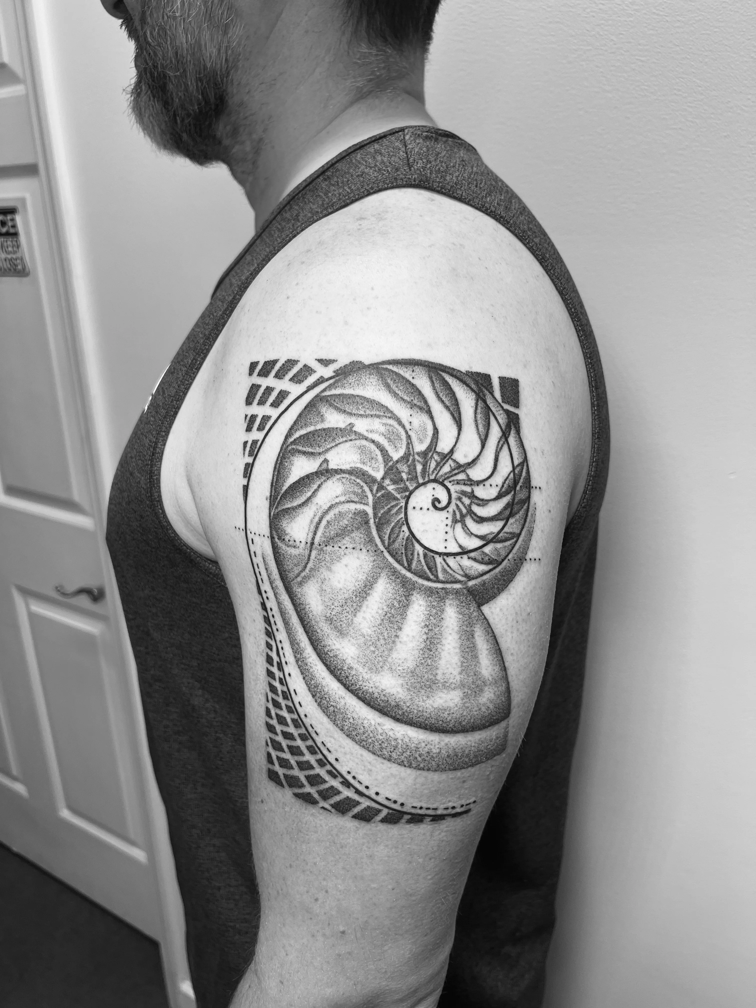 Geometric tattoo by Erin Manning: nautilus shell, spiral, nature, geometric