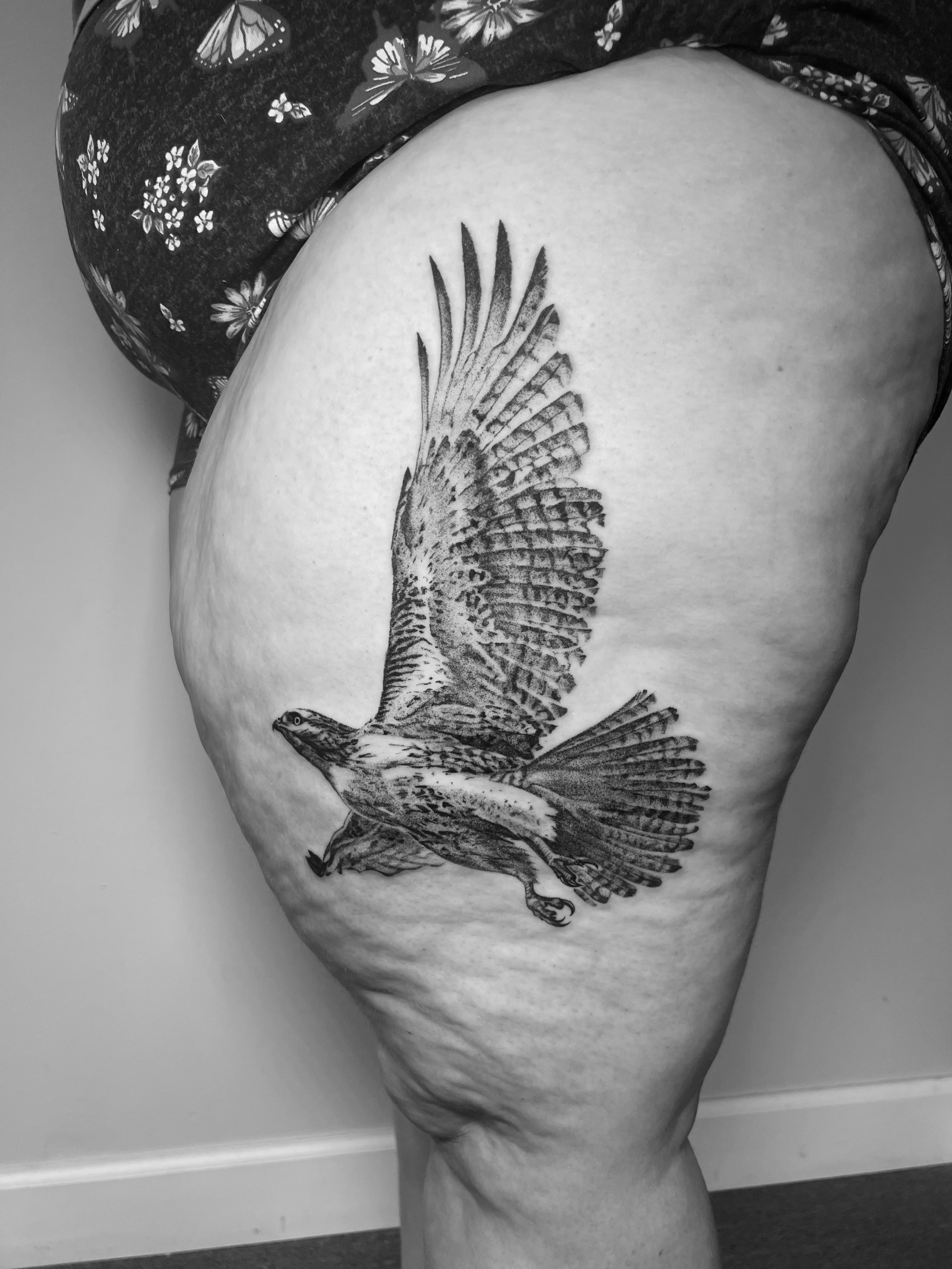 Black & Gray Realism tattoo by Erin Manning: hawk, bird, wings, feathers