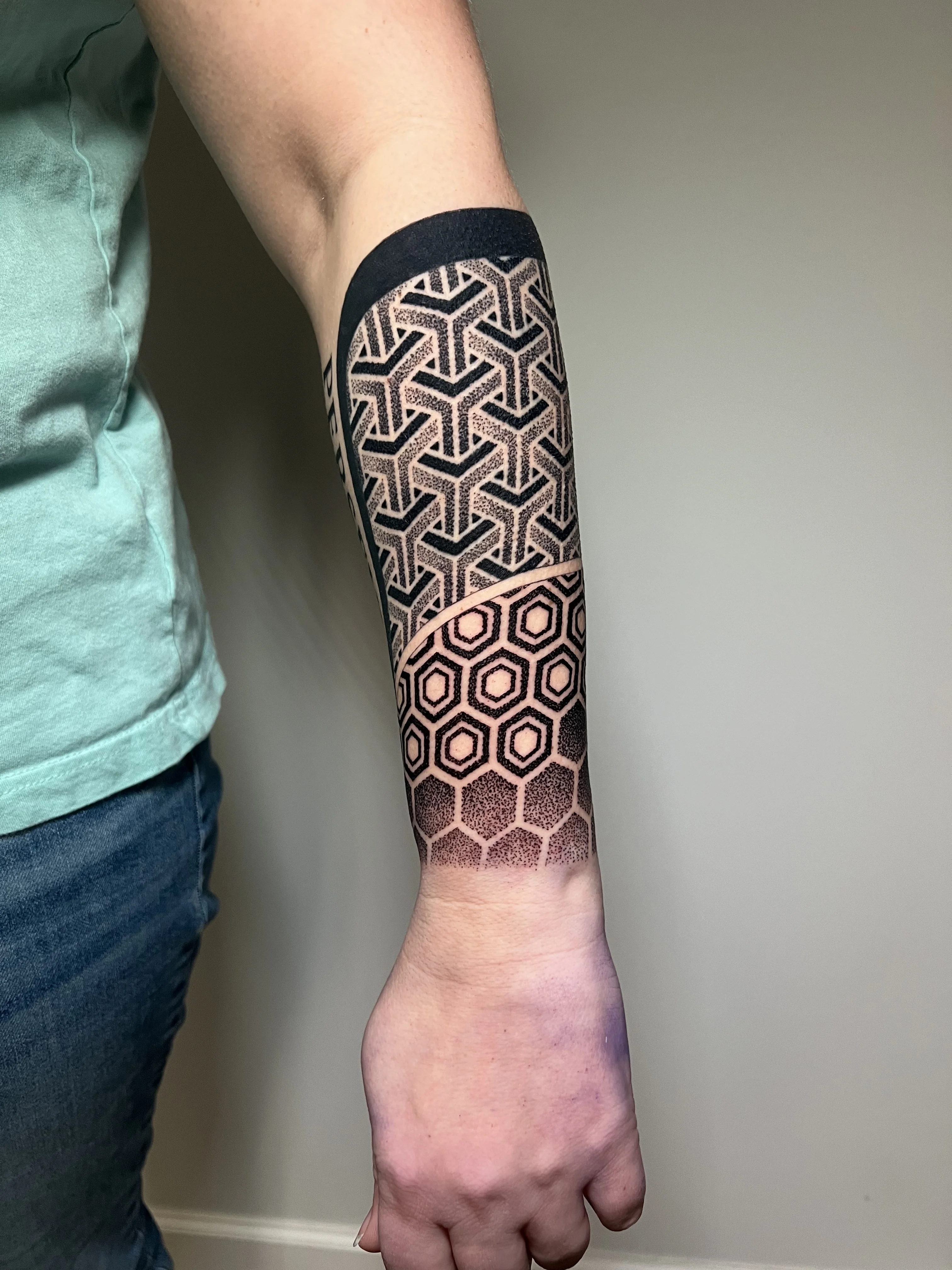 Geometric Hexagon Forearm Quarter Sleeve: hexagon pattern, geometric shapes, dotwork, line work, abstract, pattern