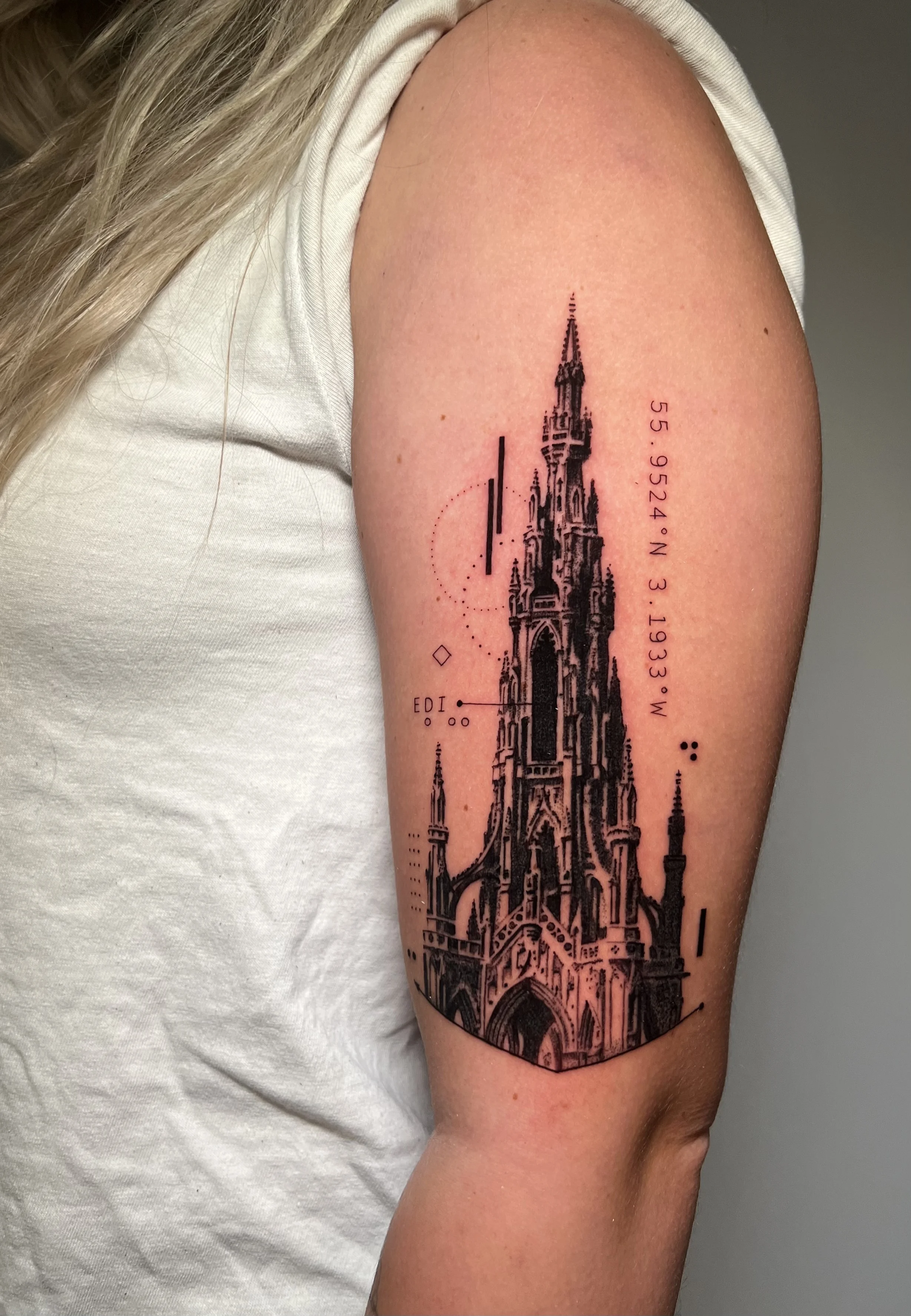 Black & Gray Realism tattoo by Erin Manning: cathedral, gothic architecture, spires, windows