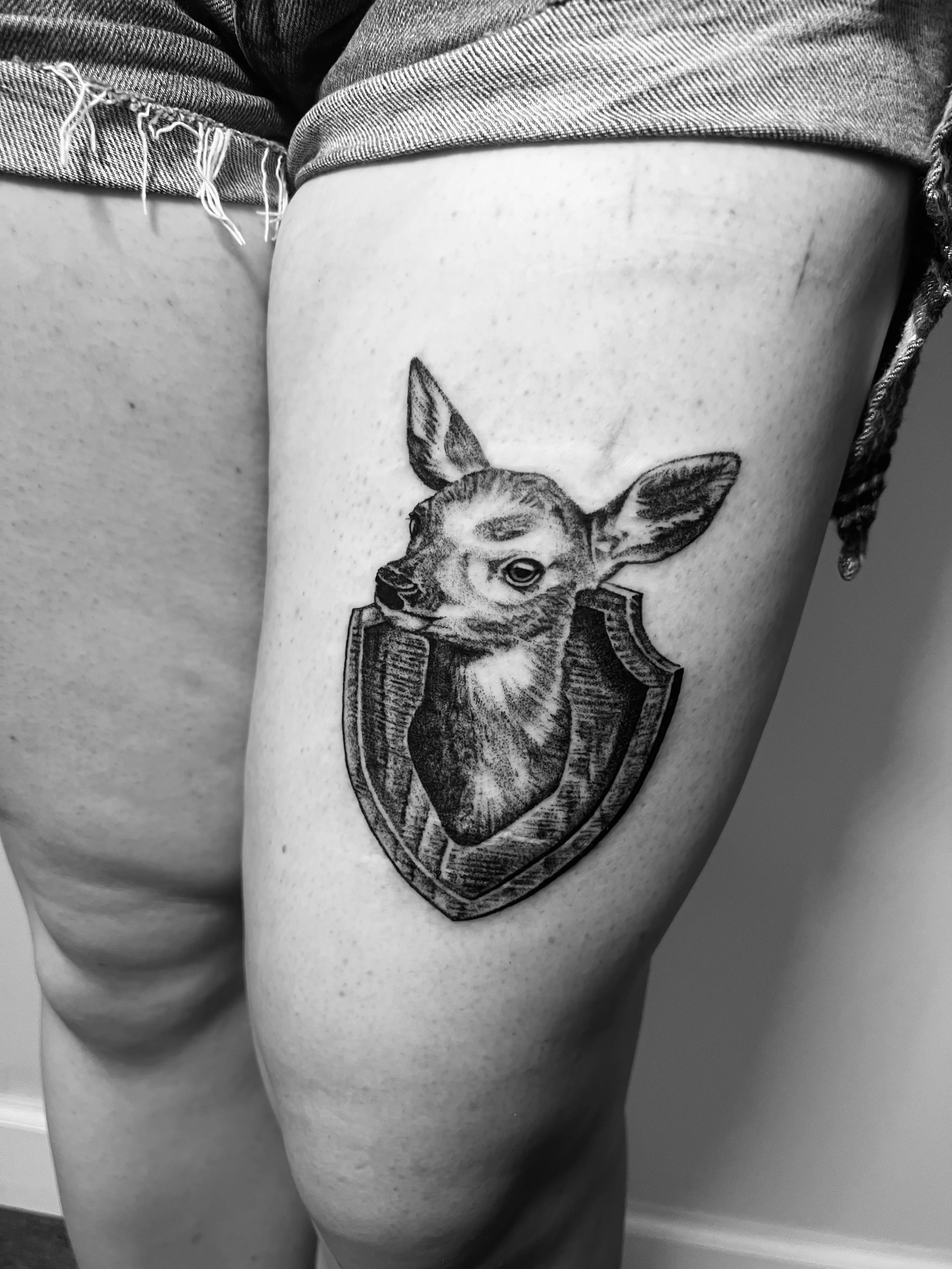 Black & Gray Realism tattoo by Erin Manning: deer, shield, animal, nature