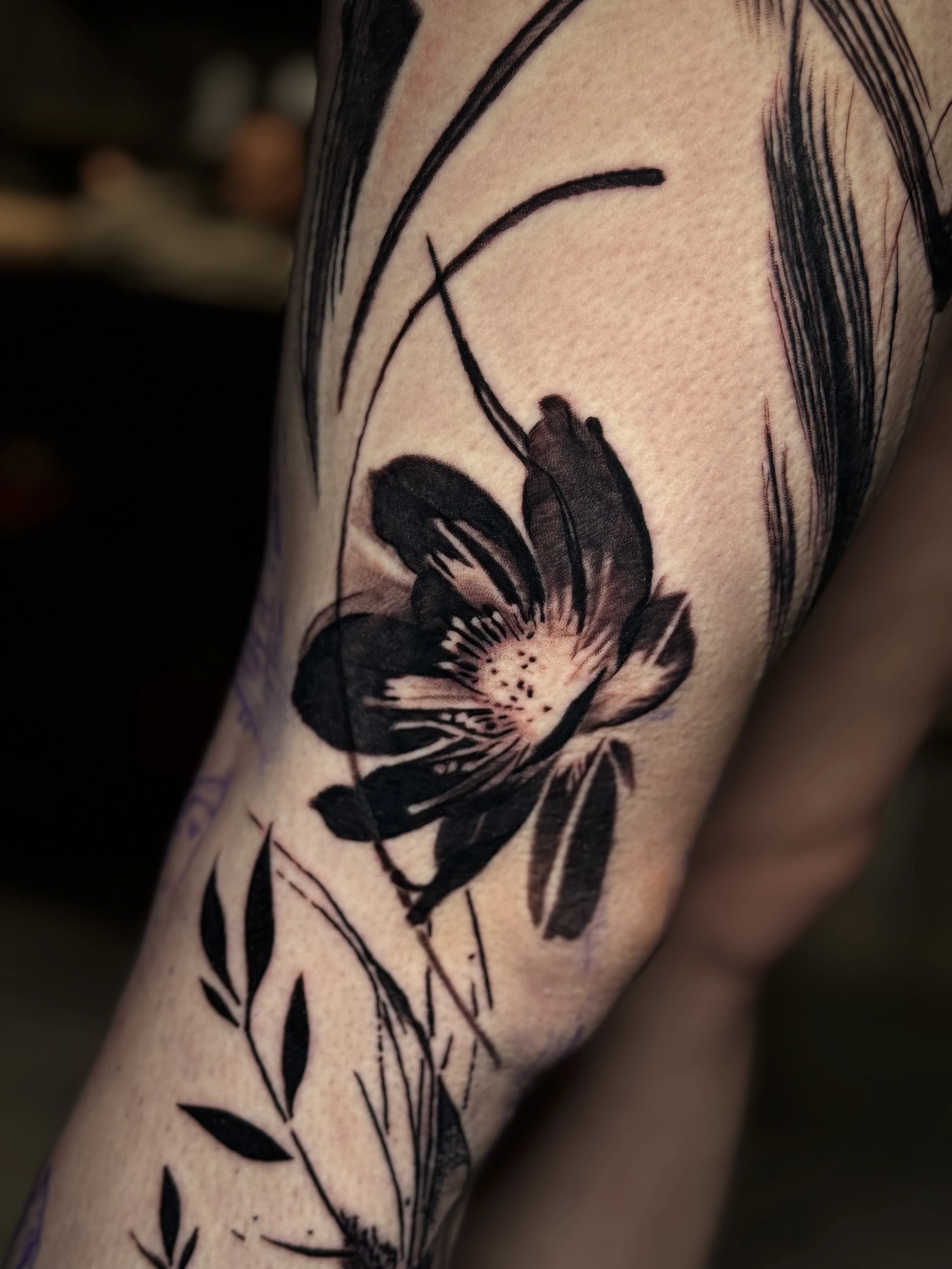 Bold Blackwork Floral Forearm: flower, leaves, grass, floral, nature, bold