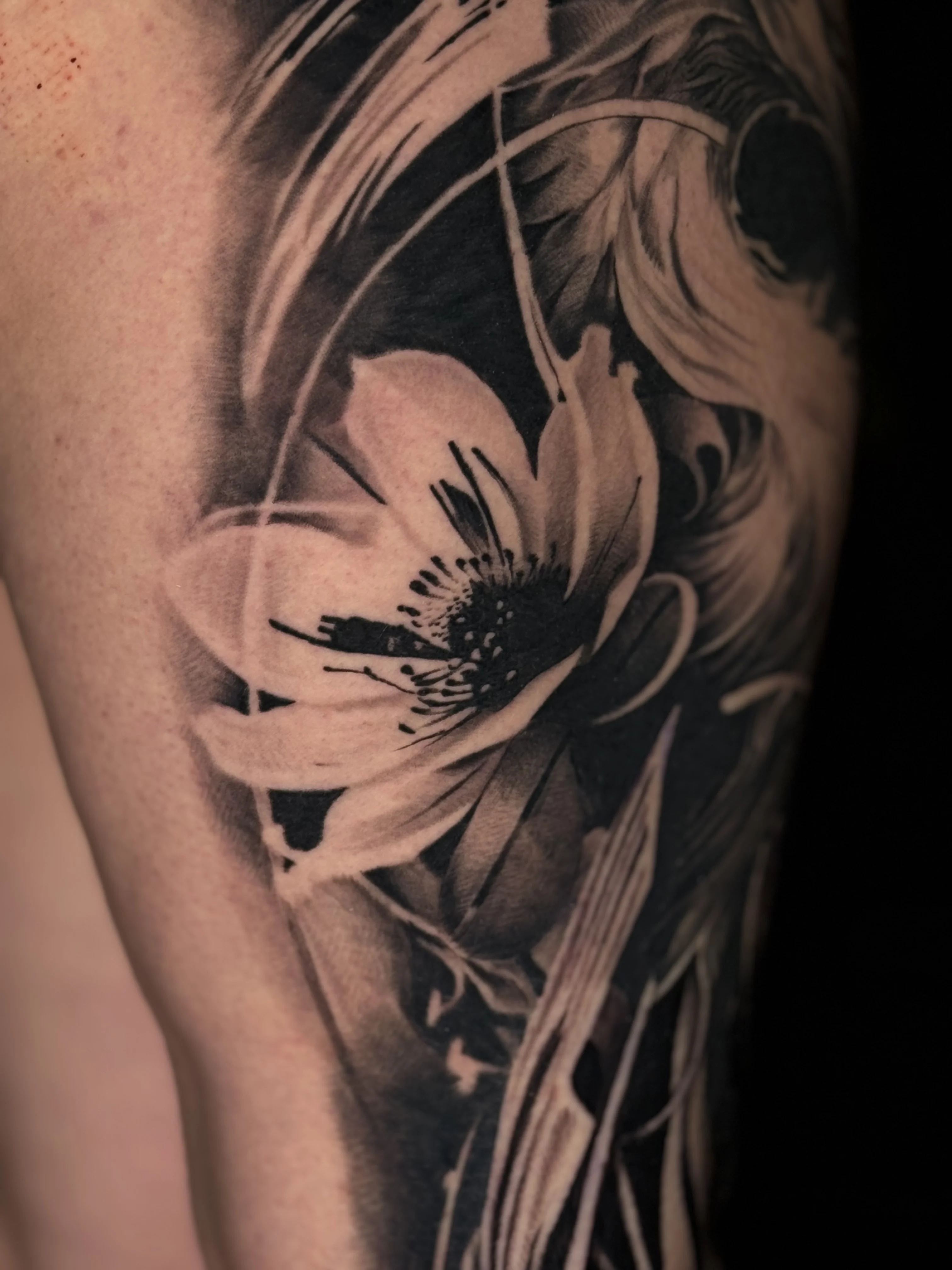 Black & Gray Realism tattoo by Umid Panahov: flower, leaves, petals, floral