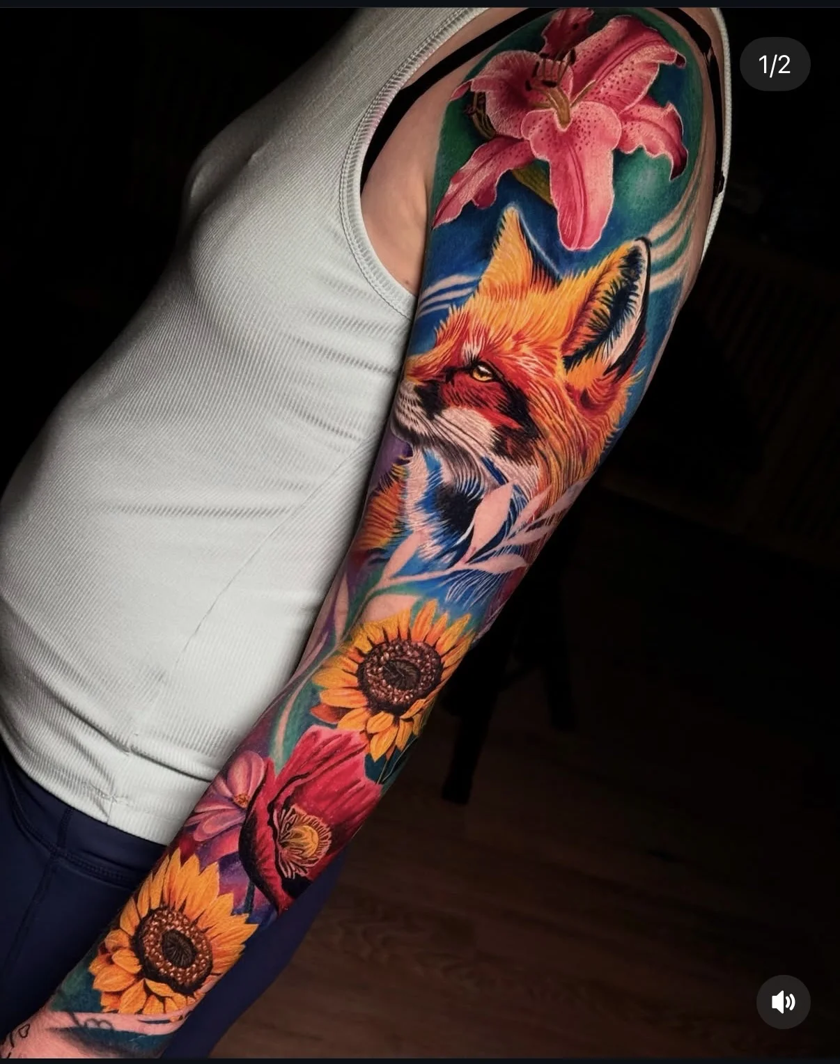 Fox and Floral Full Sleeve: fox, lily flower, sunflower, poppy flower, nature, animal