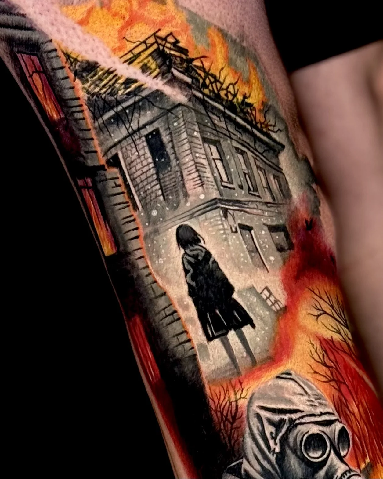 Neo-Traditional tattoo by Umid Panahov: burning building, woman silhouette, fire, trees