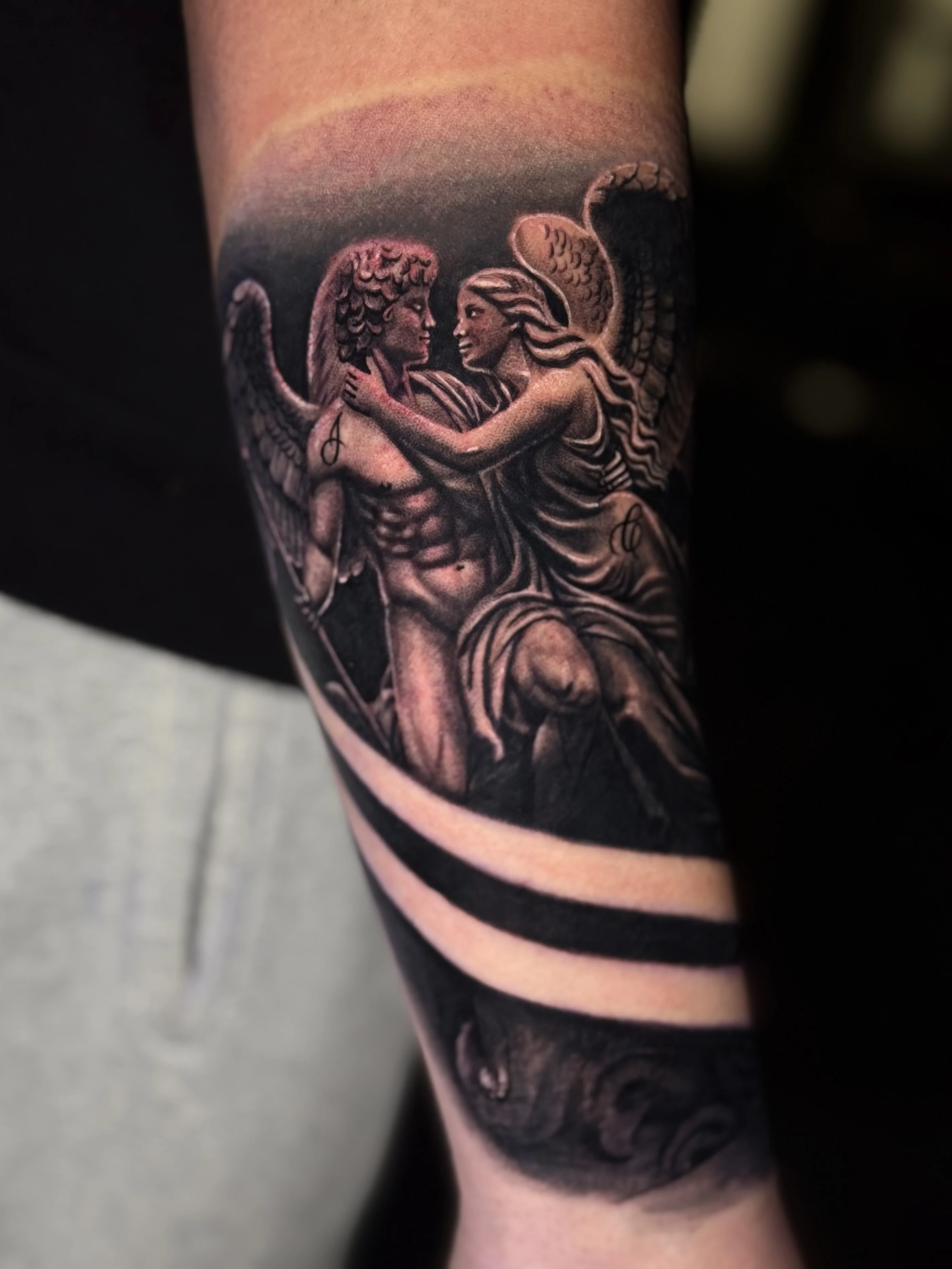 Black & Gray Realism tattoo by Umid Panahov: angel, woman, wings, embrace