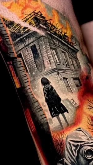 Burning Building Silhouette Quarter Sleeve