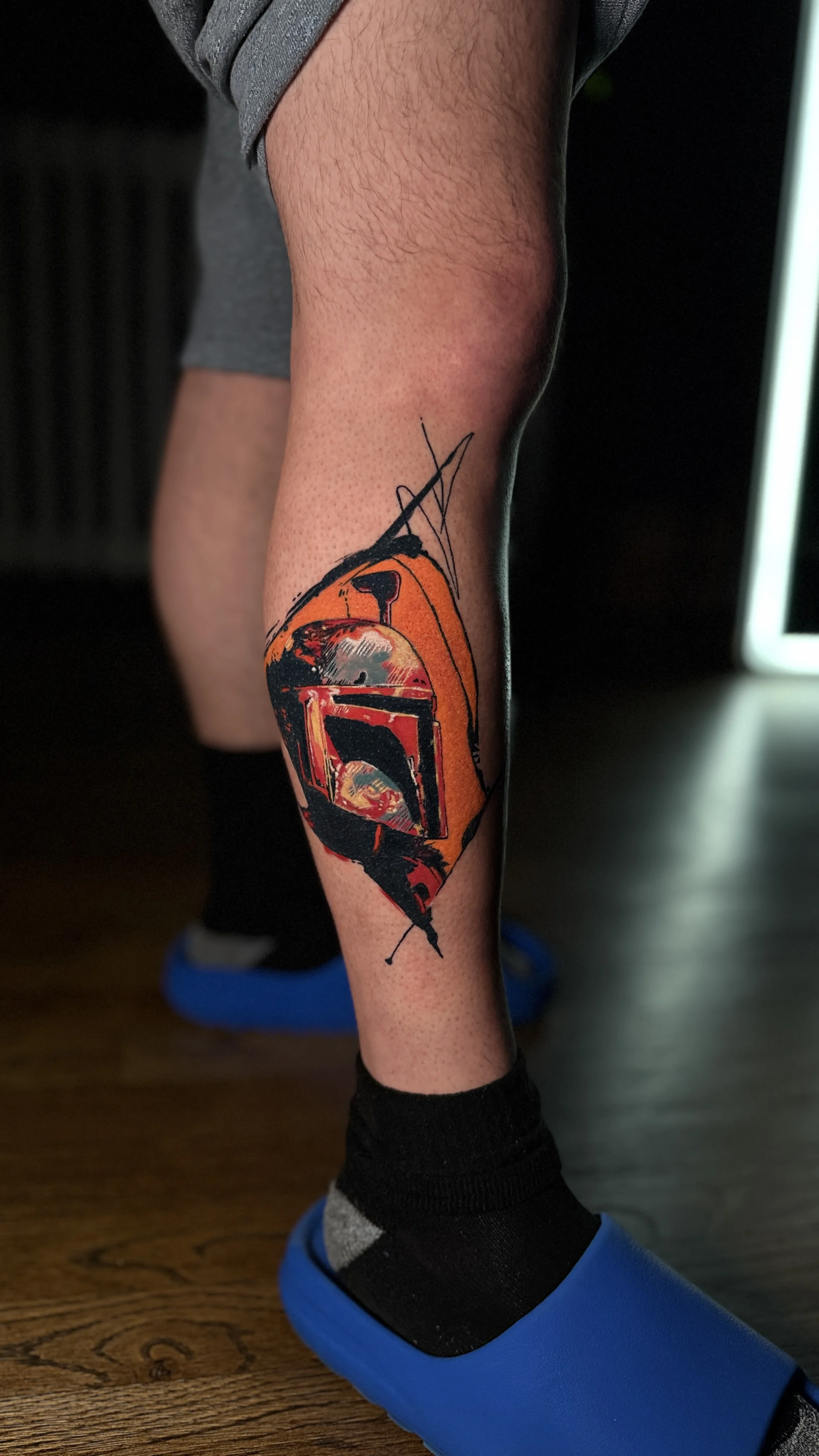 Illustrative tattoo by Pierre Bustos: helmet, mandalorian helmet, science fiction, pop culture