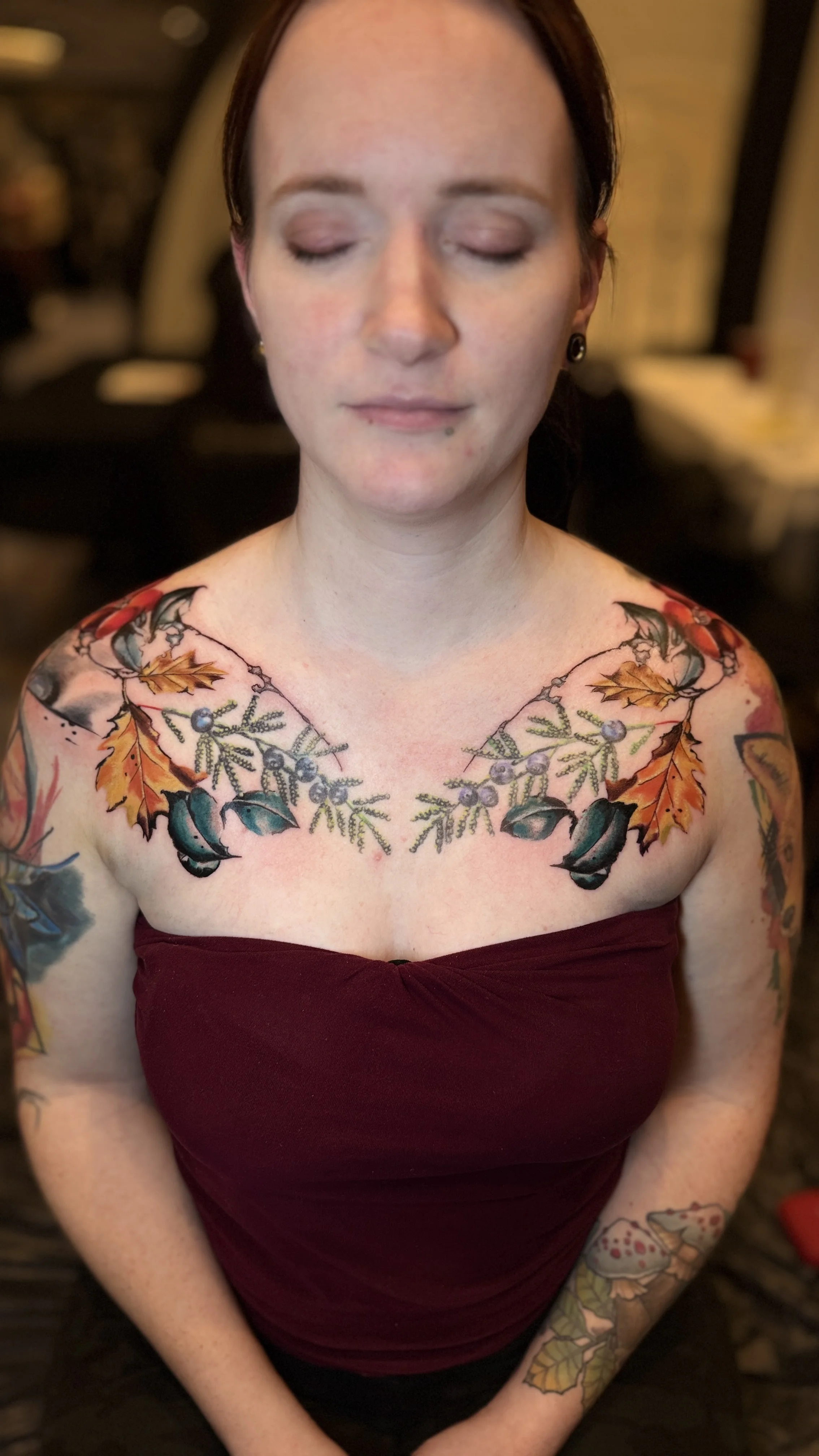 Neo-Traditional tattoo by Pierre Bustos: maple leaves, berries, leaves, twigs