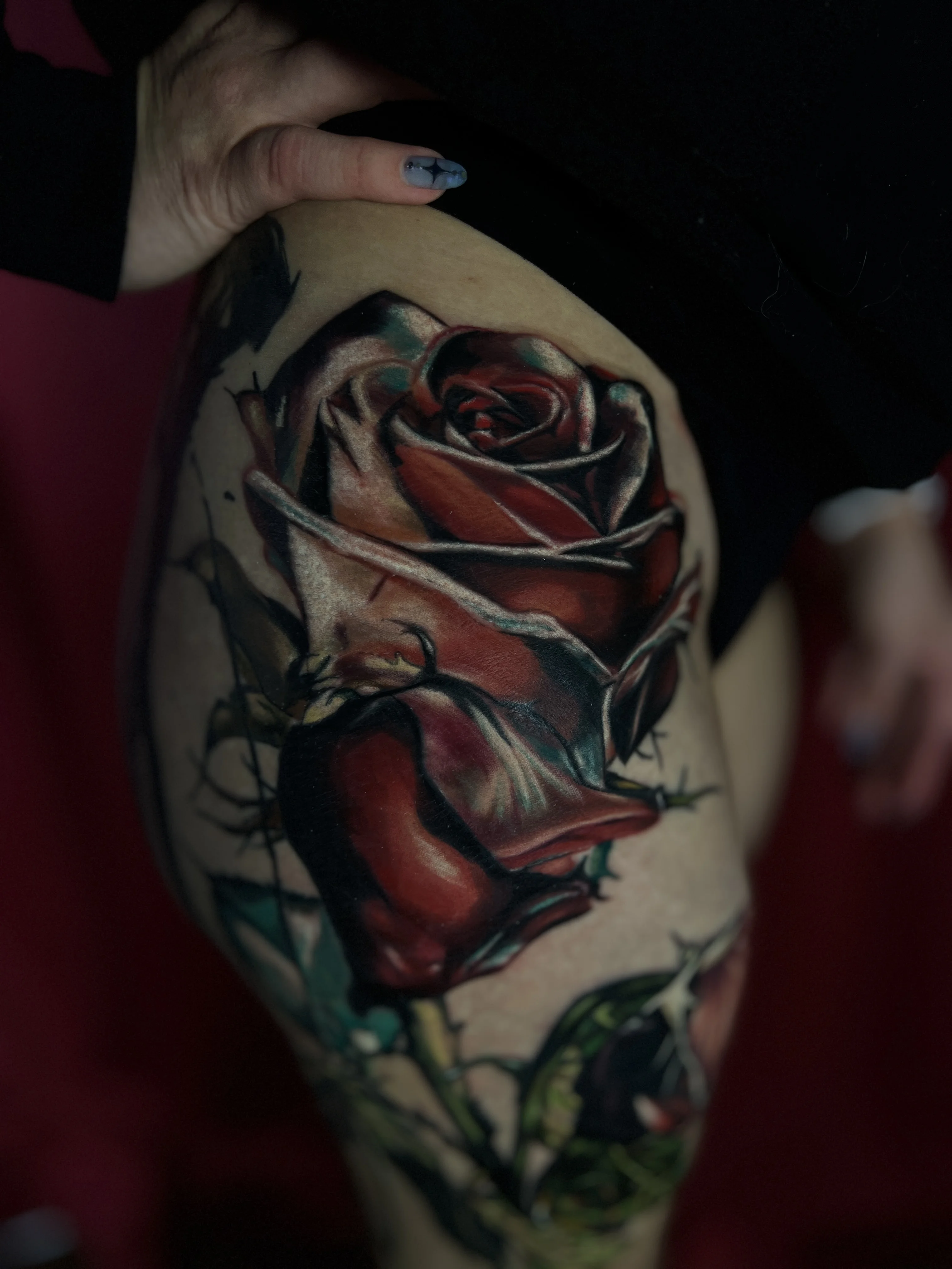 Color Realism tattoo by Pierre Bustos: rose, thorns, floral, nature