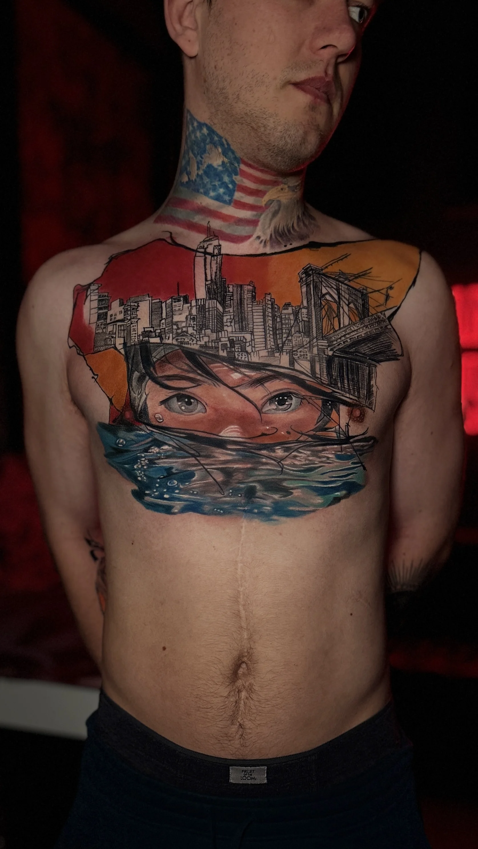 Illustrative tattoo by Pierre Bustos: city skyline, bridge, eyes, water