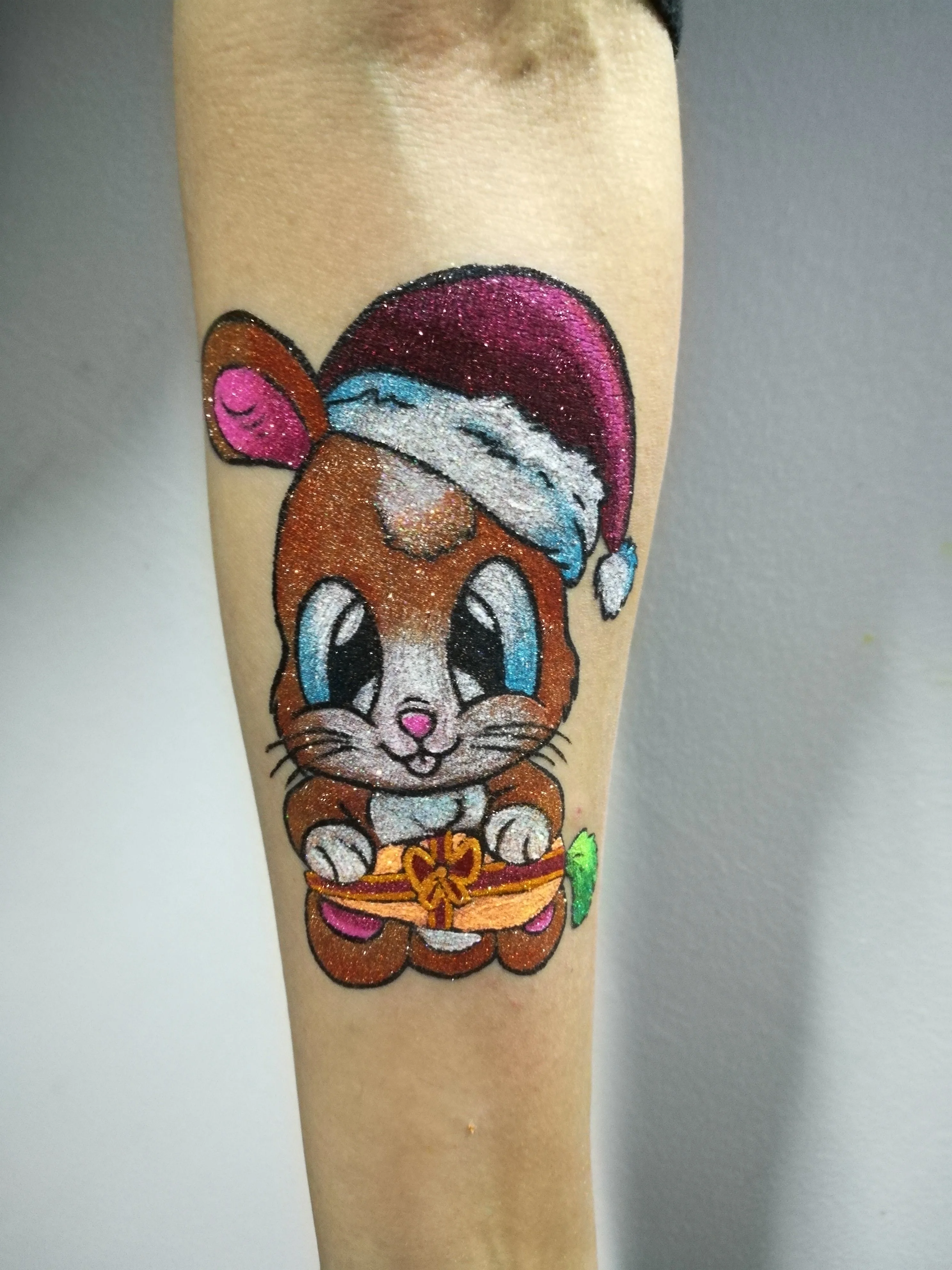 New School tattoo by Nata: cartoon mouse, santa hat, gift box, animal