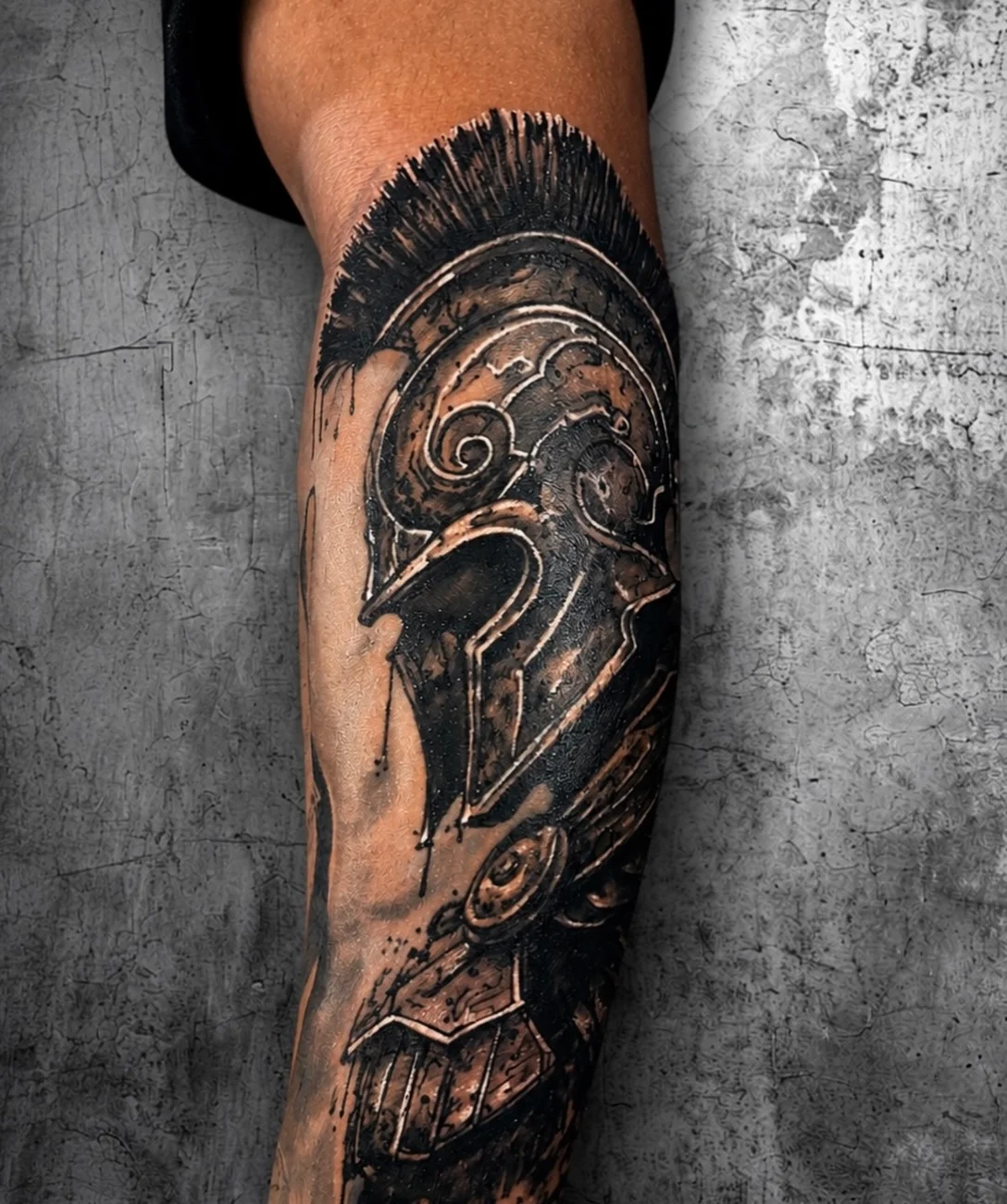 Black & Gray Realism tattoo by Art.Joker: spartan helmet, roman helmet, armor, military
