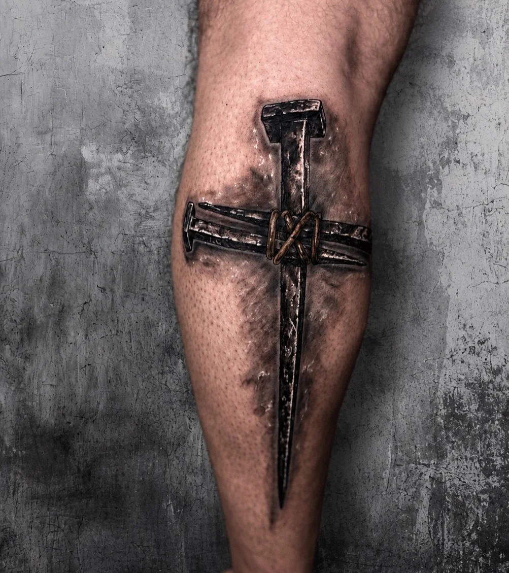 Black & Gray Realism tattoo by Art.Joker: nail, cross, wire, religious