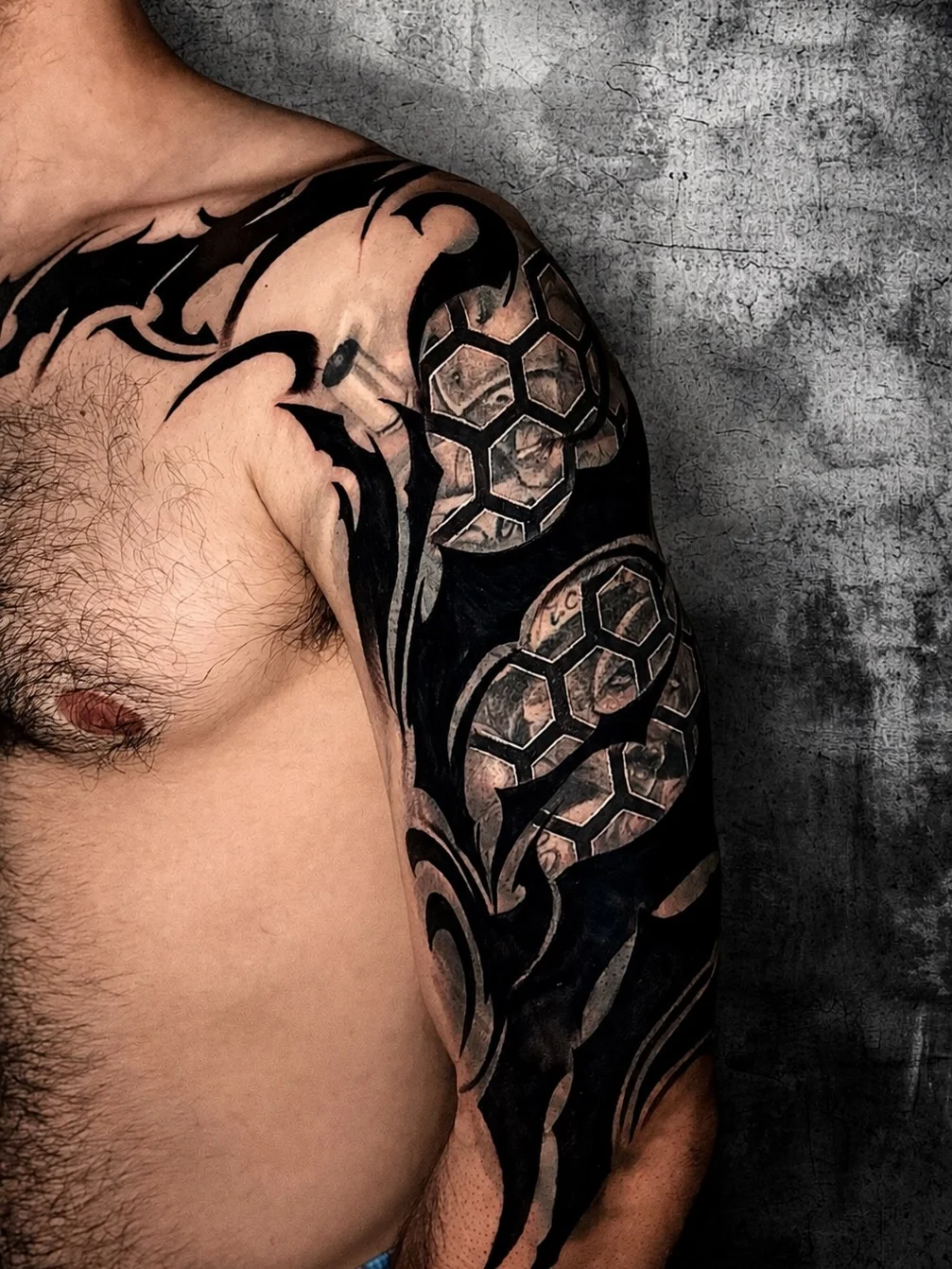 Blackwork tattoo by Art.Joker: hexagonal pattern, tribal abstract shapes, tribal, geometric