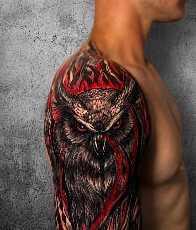 Neo-Traditional tattoo by Art.Joker: owl, flames, animal, nature
